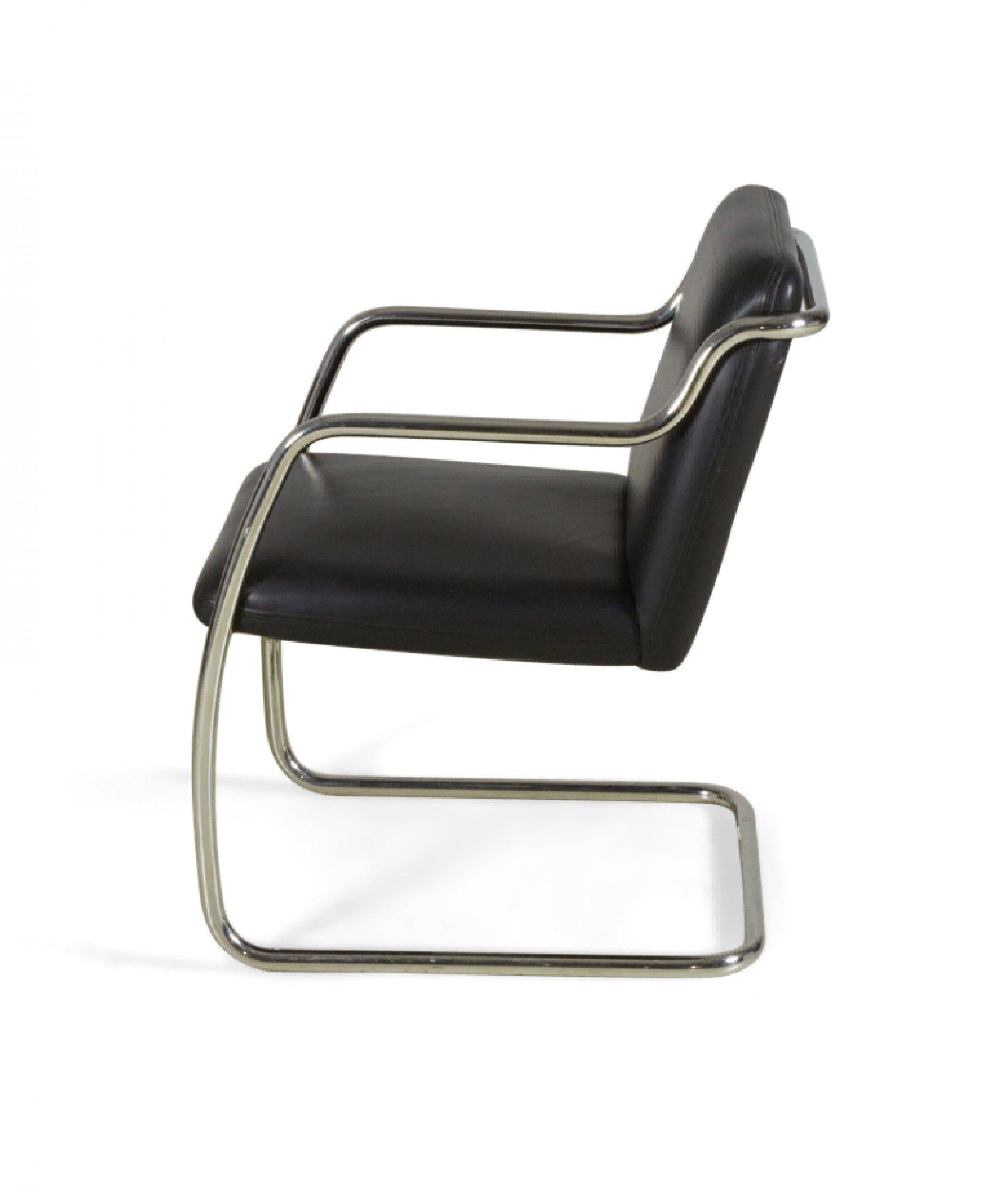 20th Century Pair of Brueton Contemporary Black Leather and Steel Tube Frame Armchairs For Sale