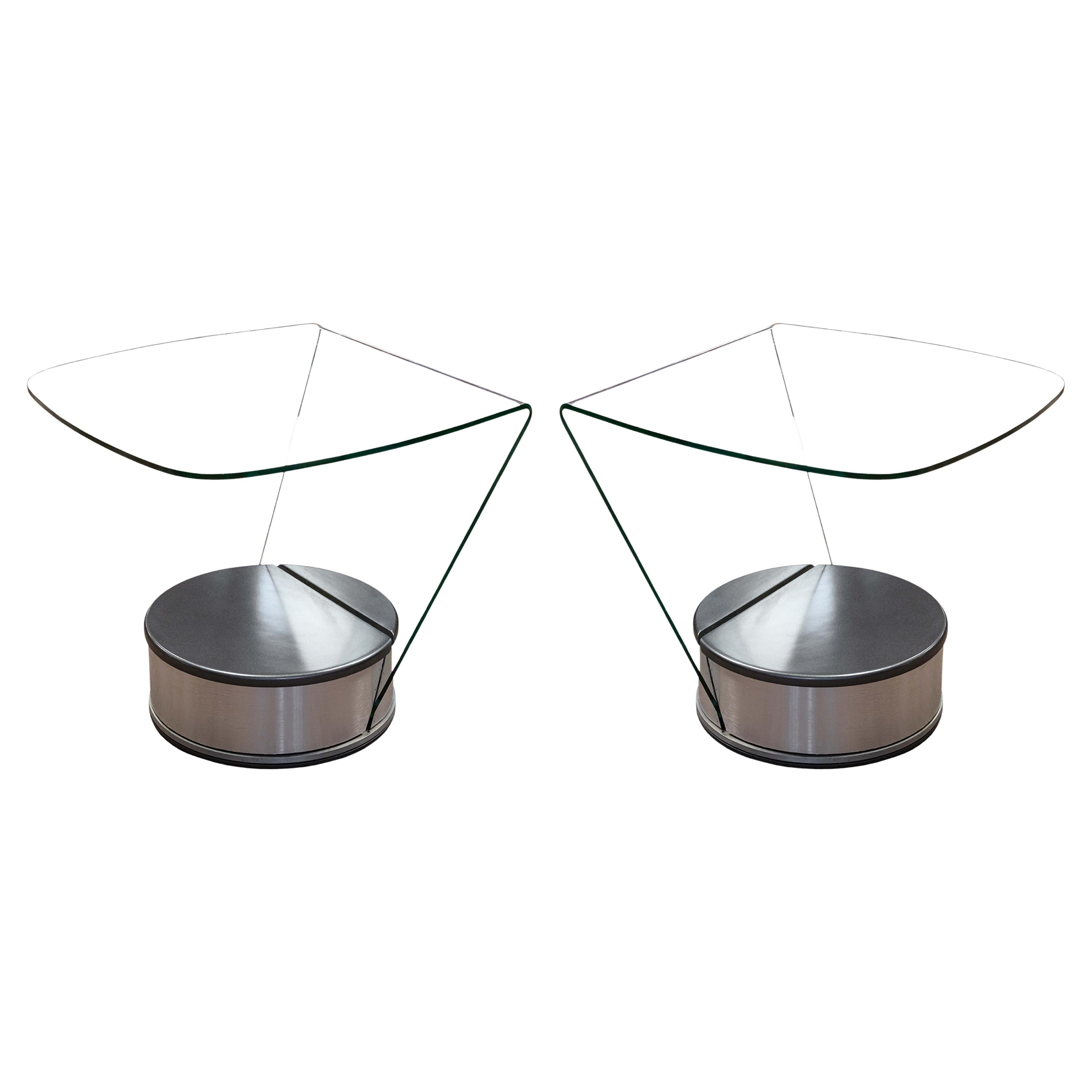 Pair of Brueton Style Curved Glass and Brushed Chrome Swivel End Side Tables