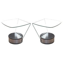 Pair of Brueton Style Curved Glass and Brushed Chrome Swivel End Side Tables