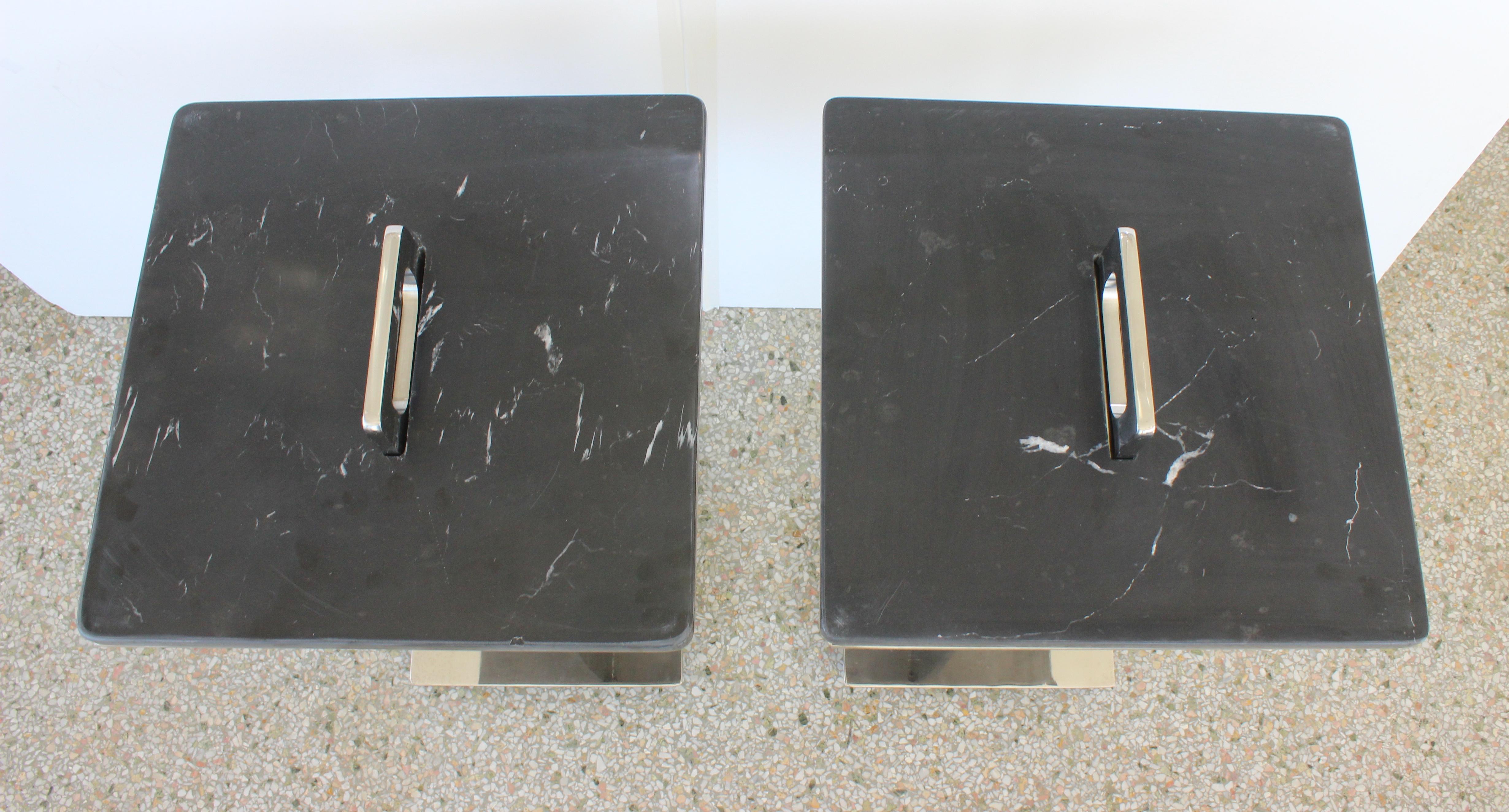 Modern Pair of Brueton Style Side Tables in Polished Steel and Marble For Sale