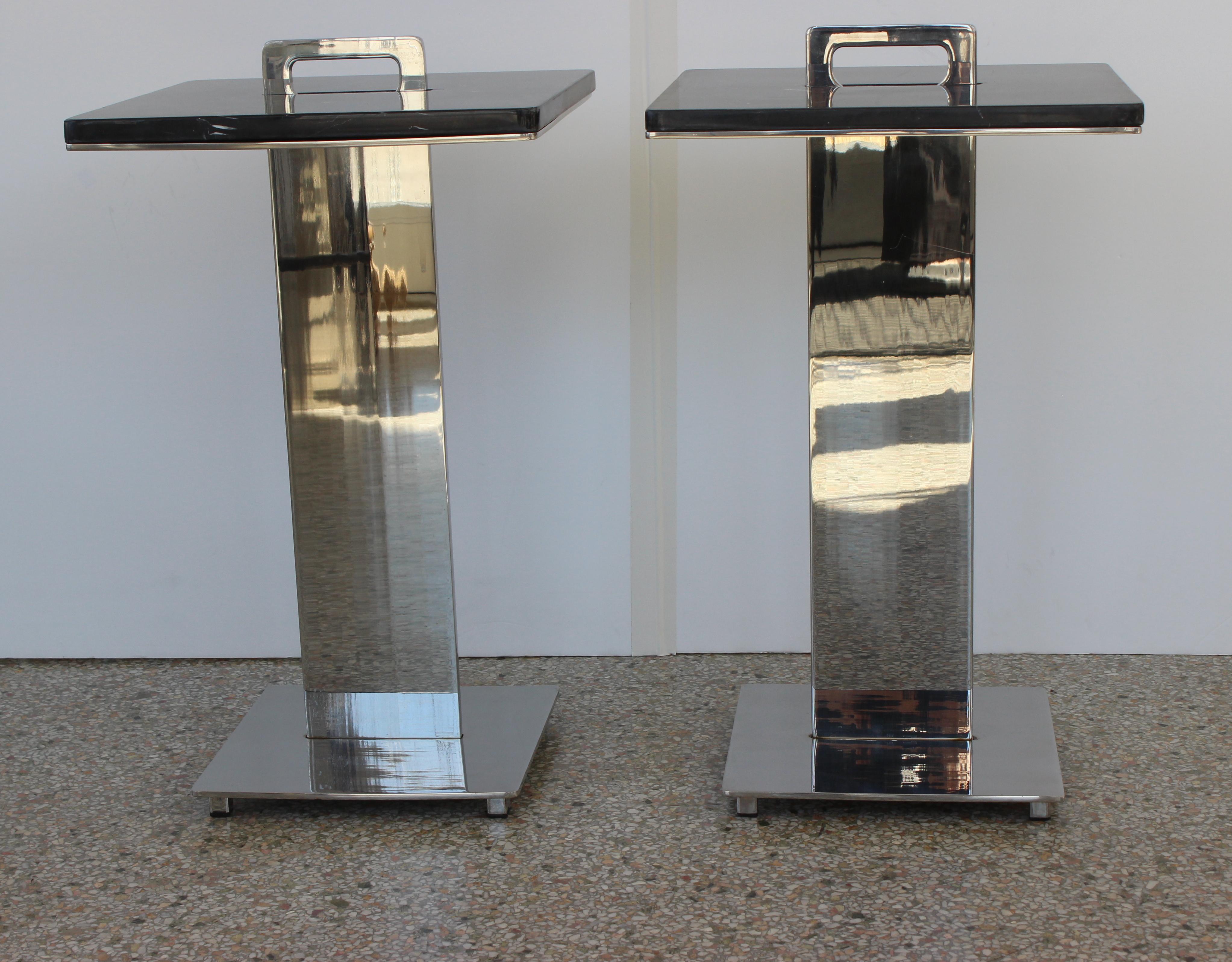 Pair of Brueton Style Side Tables in Polished Steel and Marble For Sale 1