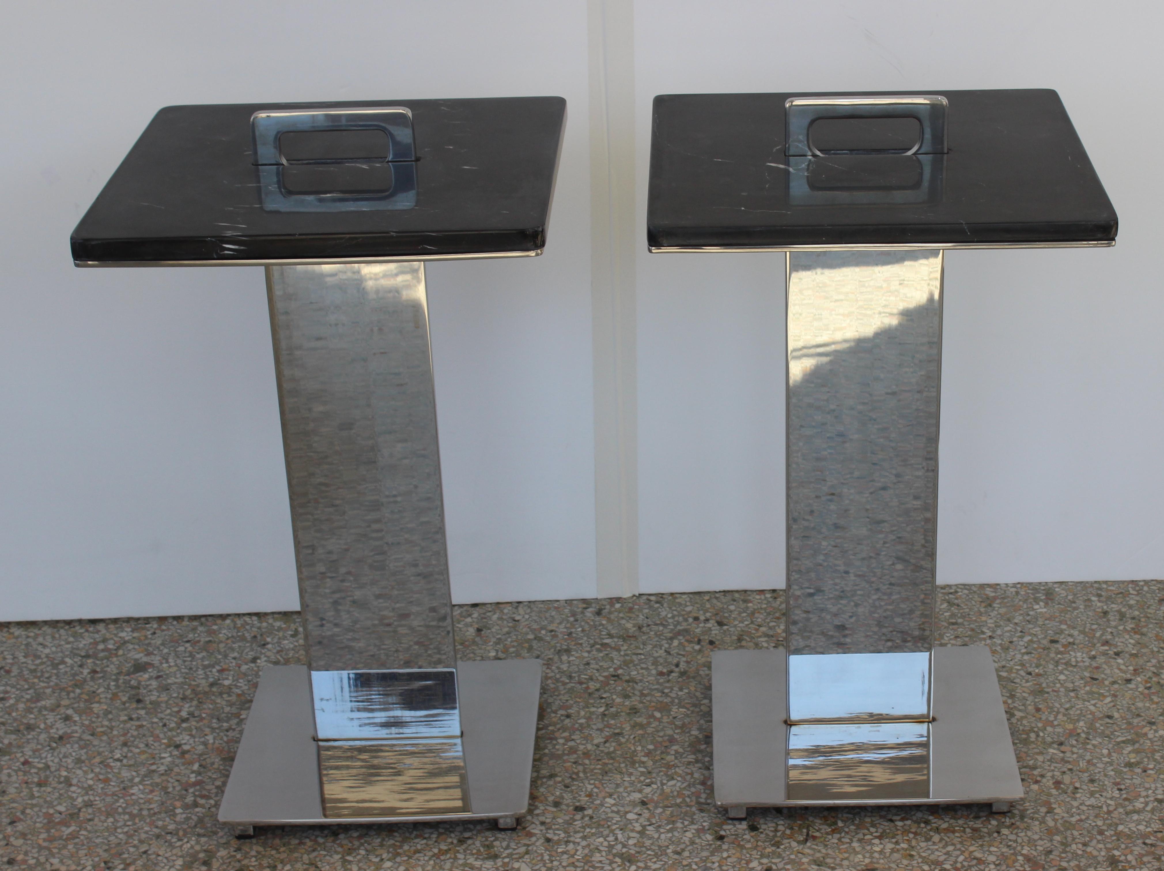 Pair of Brueton Style Side Tables in Polished Steel and Marble For Sale 2