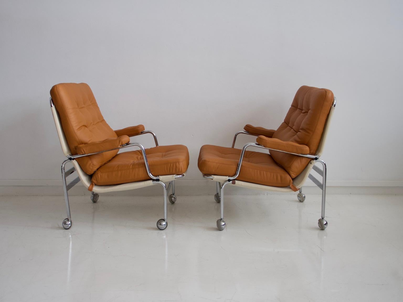 Pair of Bruno Mathsson Brown Leather Karin Lounge Chairs 7