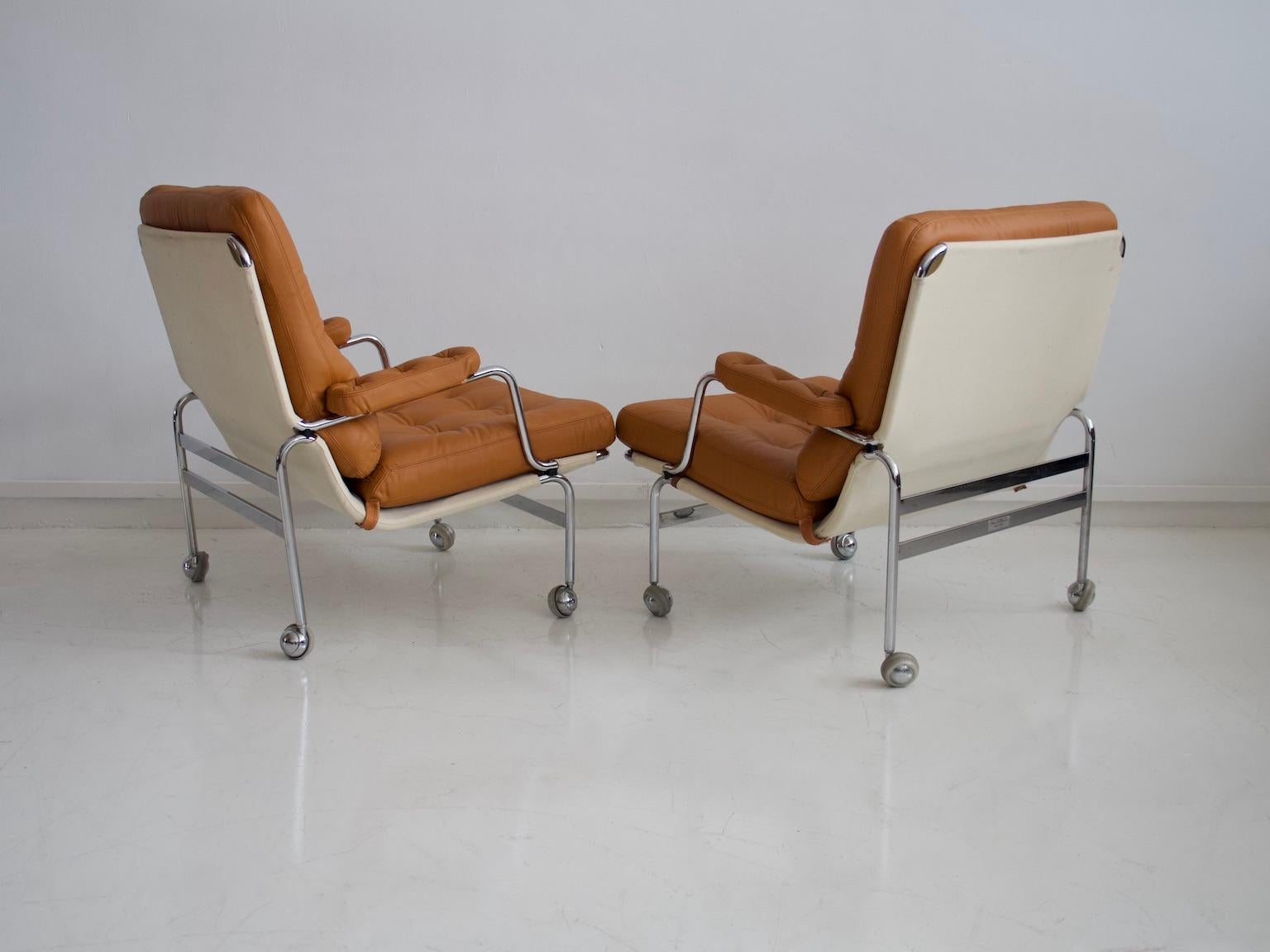 Pair of Bruno Mathsson Brown Leather Karin Lounge Chairs 8