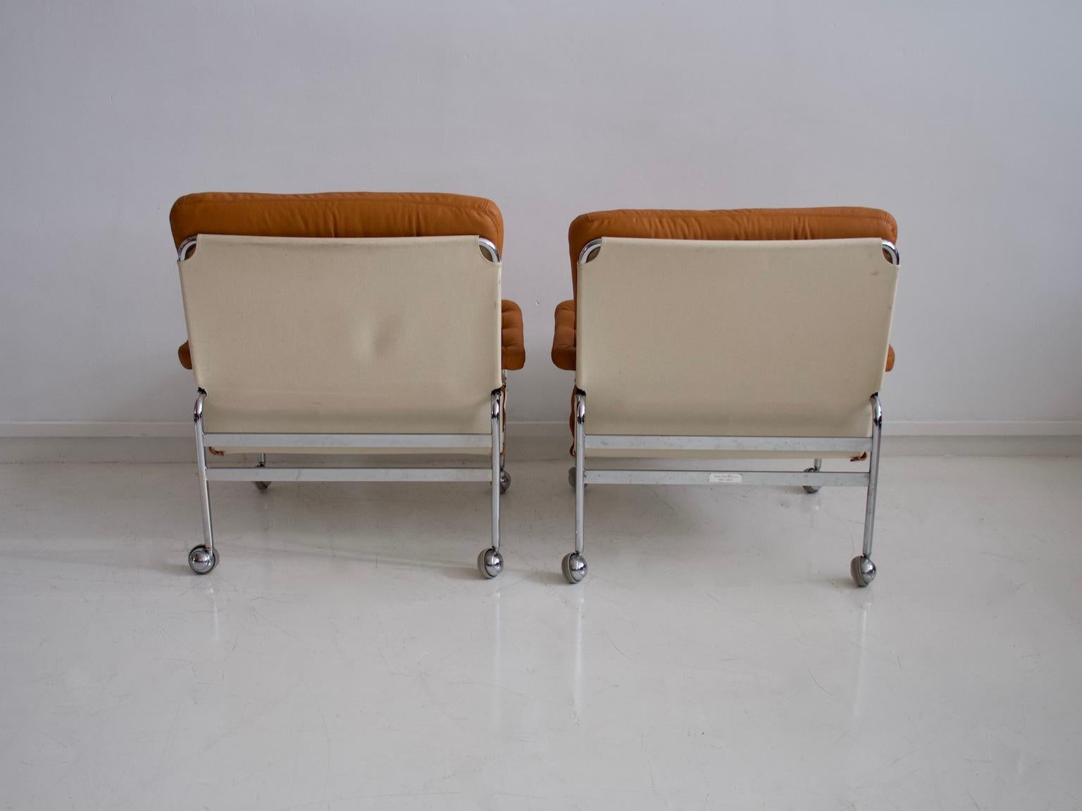 Pair of Bruno Mathsson Brown Leather Karin Lounge Chairs 9