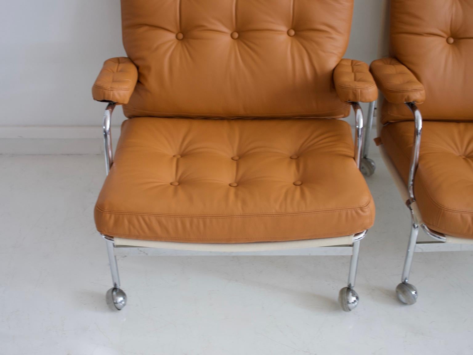 Swedish Pair of Bruno Mathsson Brown Leather Karin Lounge Chairs
