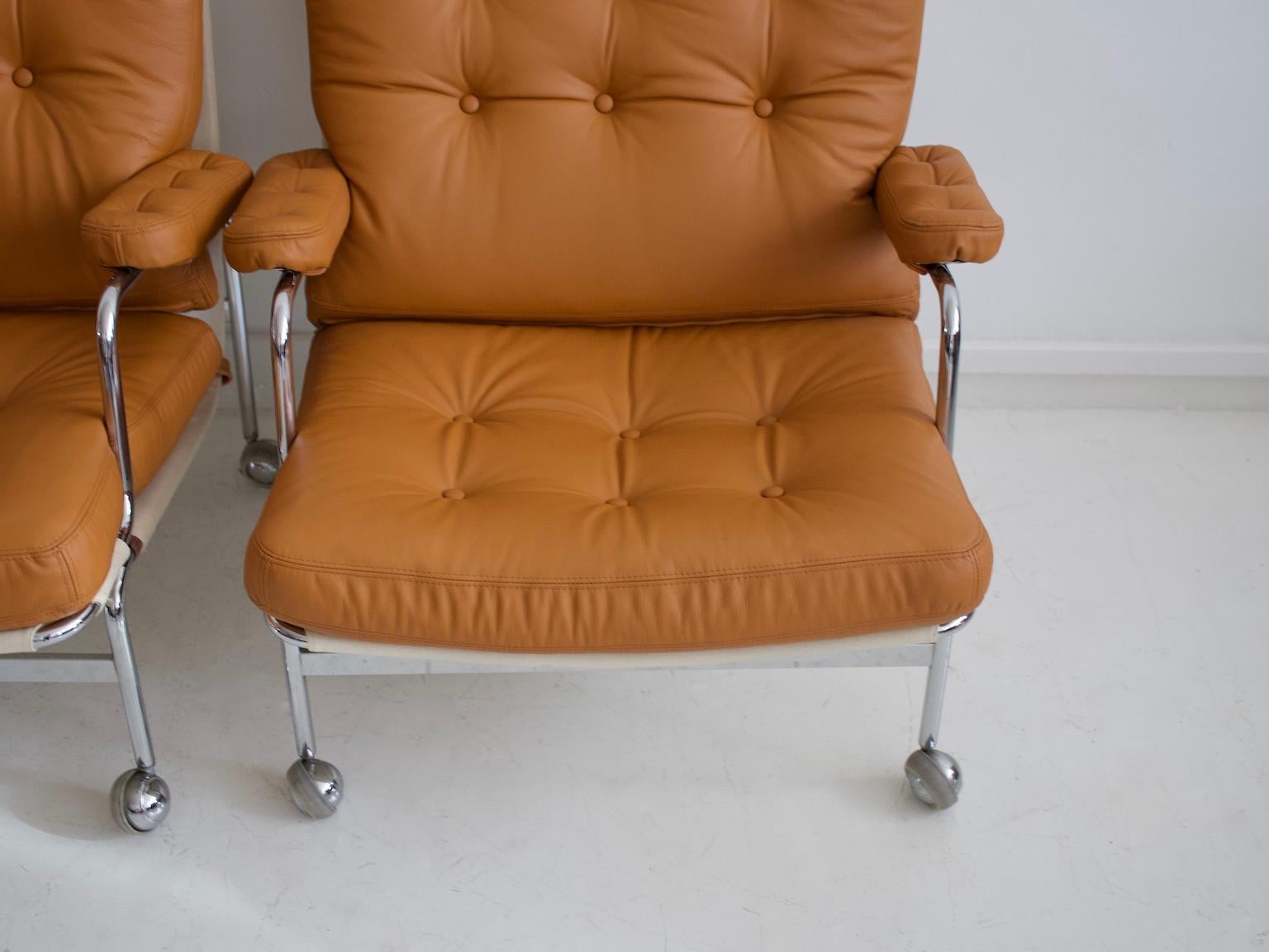20th Century Pair of Bruno Mathsson Brown Leather Karin Lounge Chairs