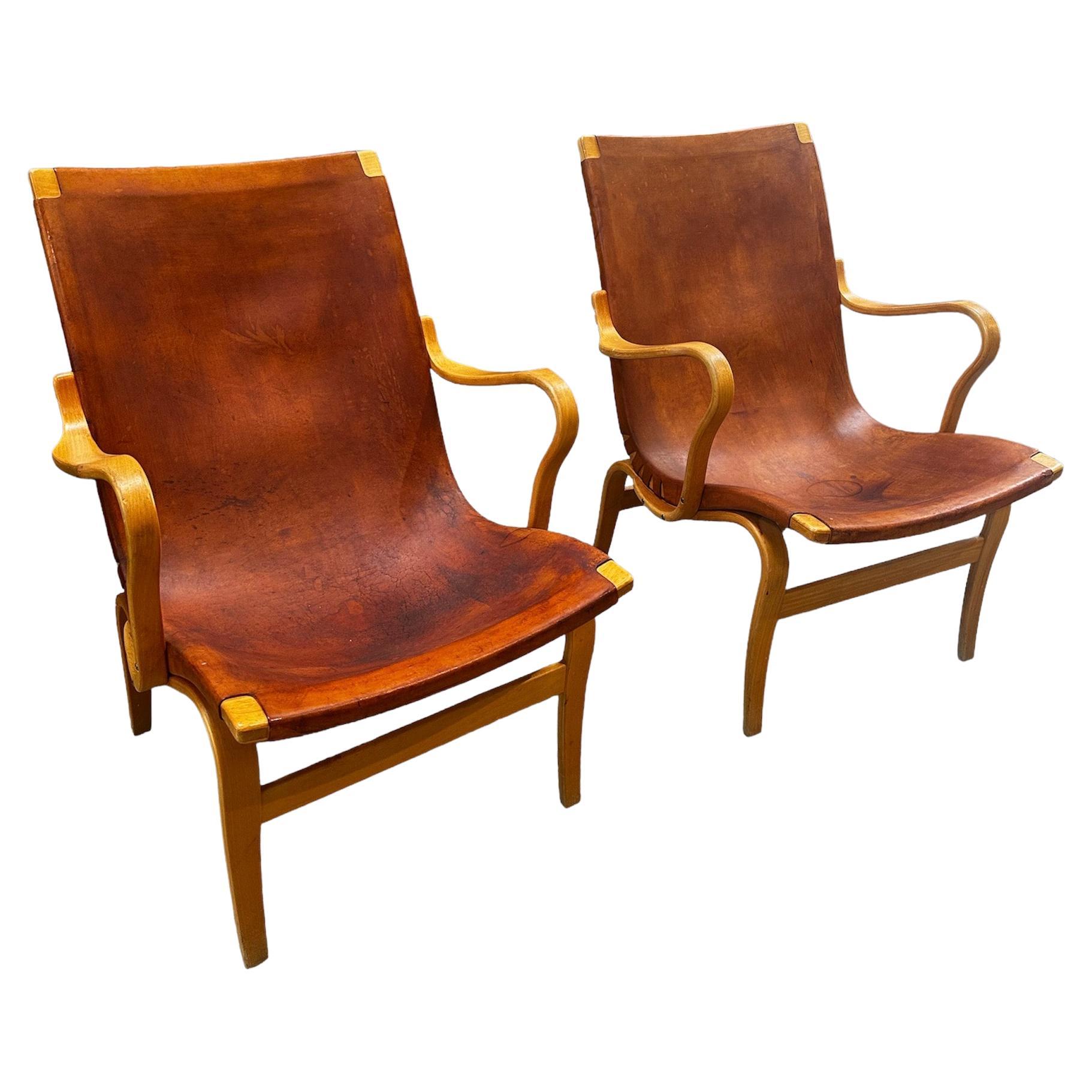 Pair of Bruno Mathsson "Eva" Chairs in Cognac Original Leather, Sweden, 1970s For Sale