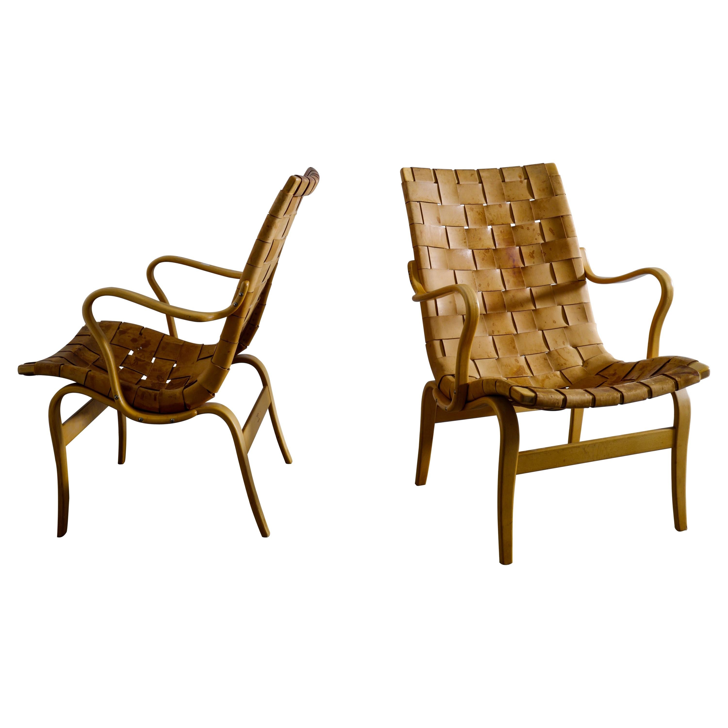Pair of Bruno Mathsson "Eva" Easy Chairs in Brown Original Leather, Sweden 1960s
