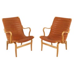 Pair of Bruno Mathsson for DUX Beech & Leather 'Eva' Lounge Chairs C. 1970s