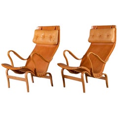 Pair of Bruno Mathsson Leather "Pernilla" Easy Chairs, 1970s