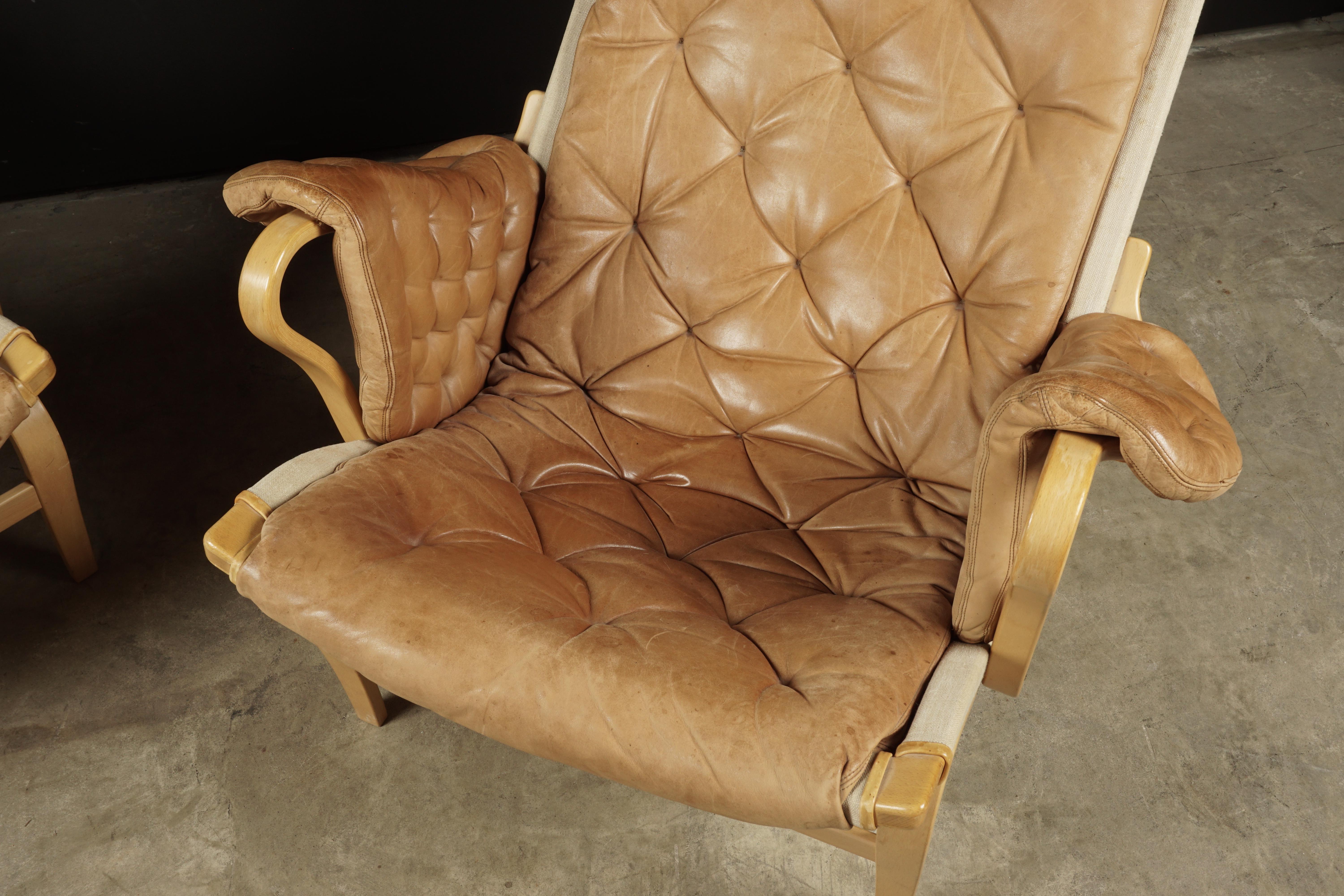 Leather Pair of Bruno Mathsson Pernilla Lounge Chairs, Sweden, 1980s