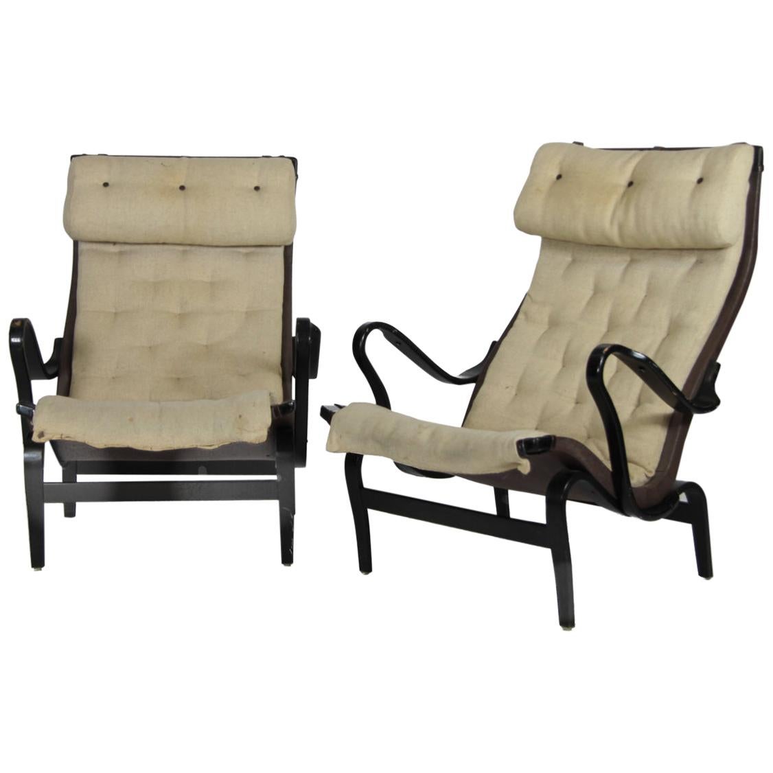 Pair of Bruno Mathssons Pernilla Lounge Chairs, Black, Sweden, 1970s, Add Value