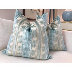 Pair of Brunschwig and Fils "Bayeaux" Velvet in Aqua 18" Down-Filled Pillows