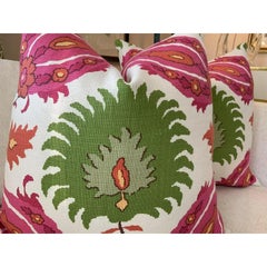 Pair of Brunschwig and Fils "Kashmiri" in 22” Pink and Green Pillows