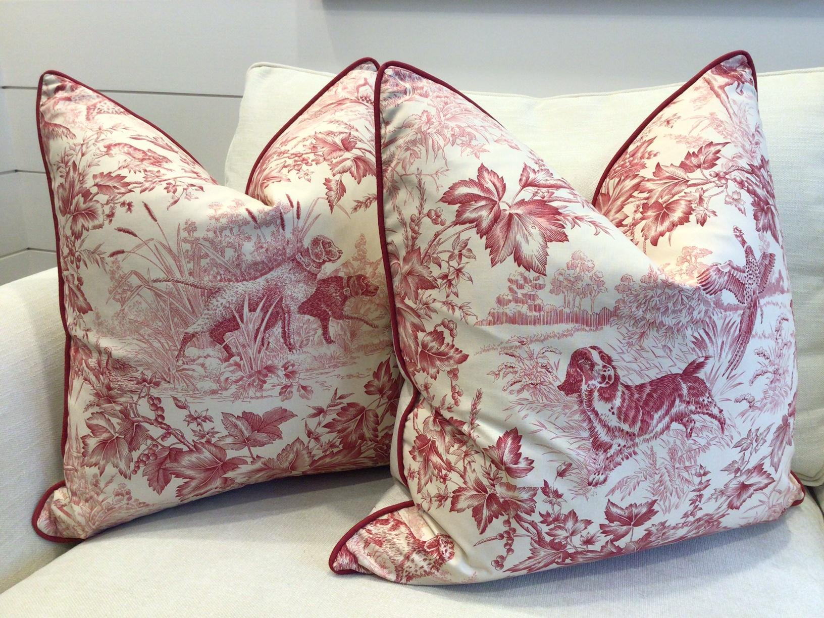 A classic! Hunting Toile from Brunschwig and Fils in red and cream features a printed fabric depicting birds and hunting dogs. Colors are soft red on cream and have been further enhanced with a soft cranberry cord and coordinating linen back.

One