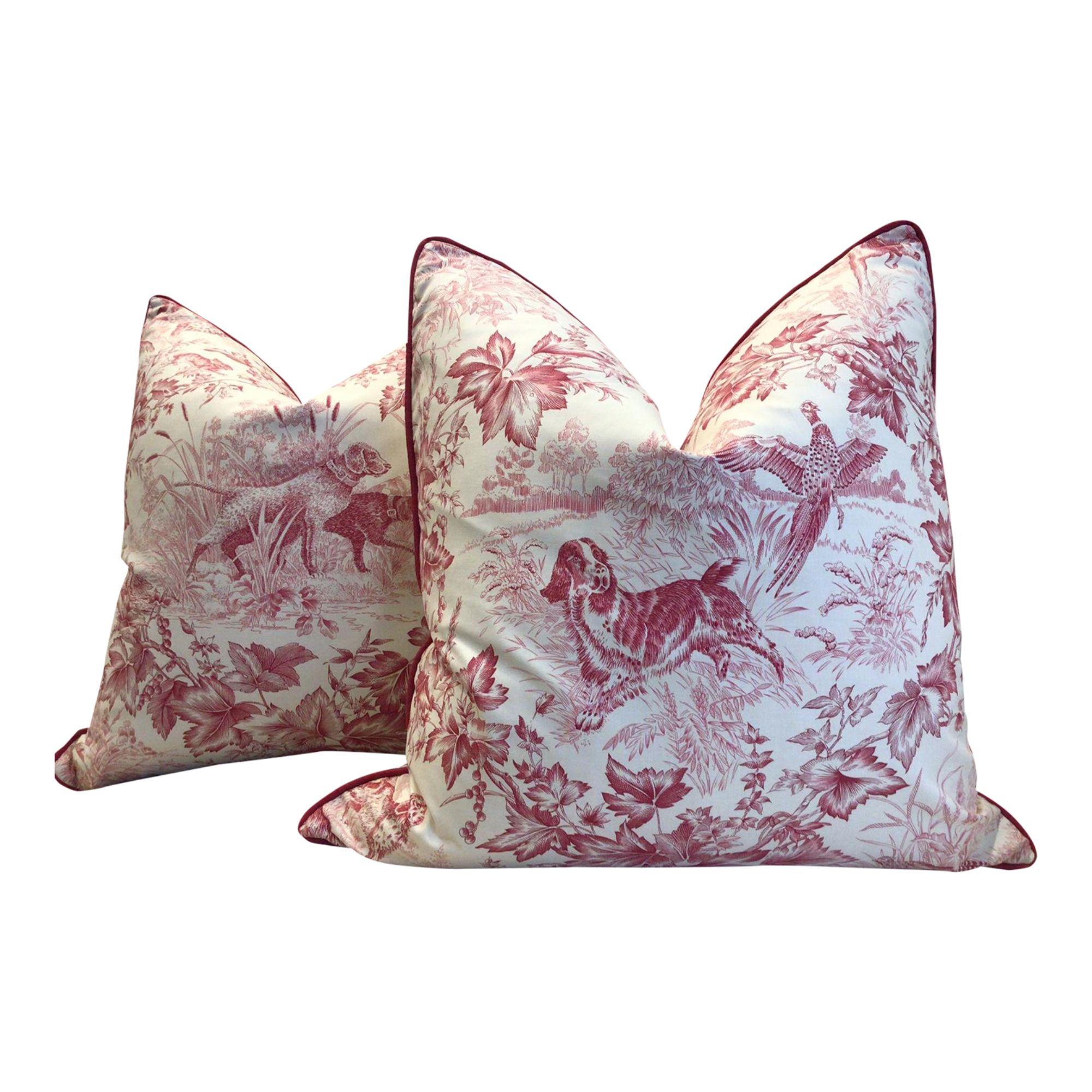 Pair of Brunschwig and Fils "On Point" Hunting Toile in Red & Cream Cord-Pillows For Sale