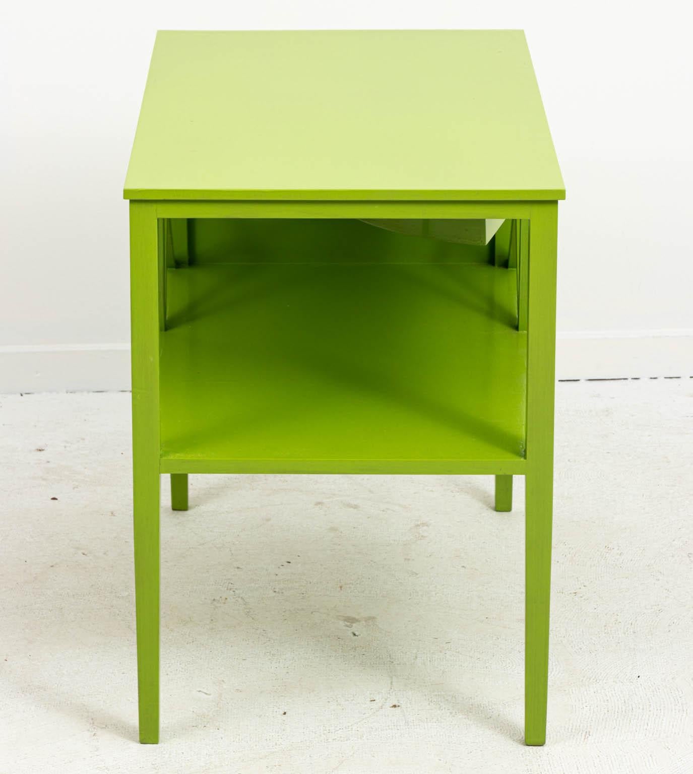 Pair of brush panted green modern bedside tables with bottom shelf and drawer. Please note of wear consistent with age including minor paint loss.