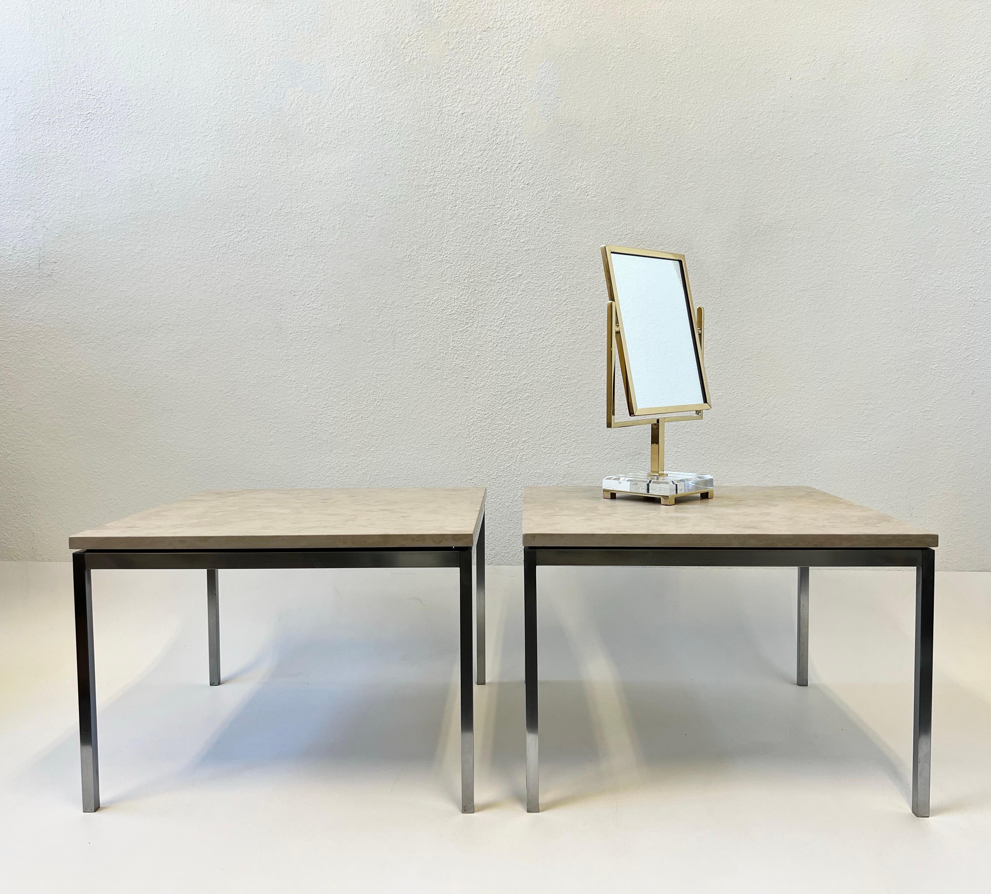 Pair of Brush stainless Steel and Granite Side Tables by Florence Knoll For Sale 3