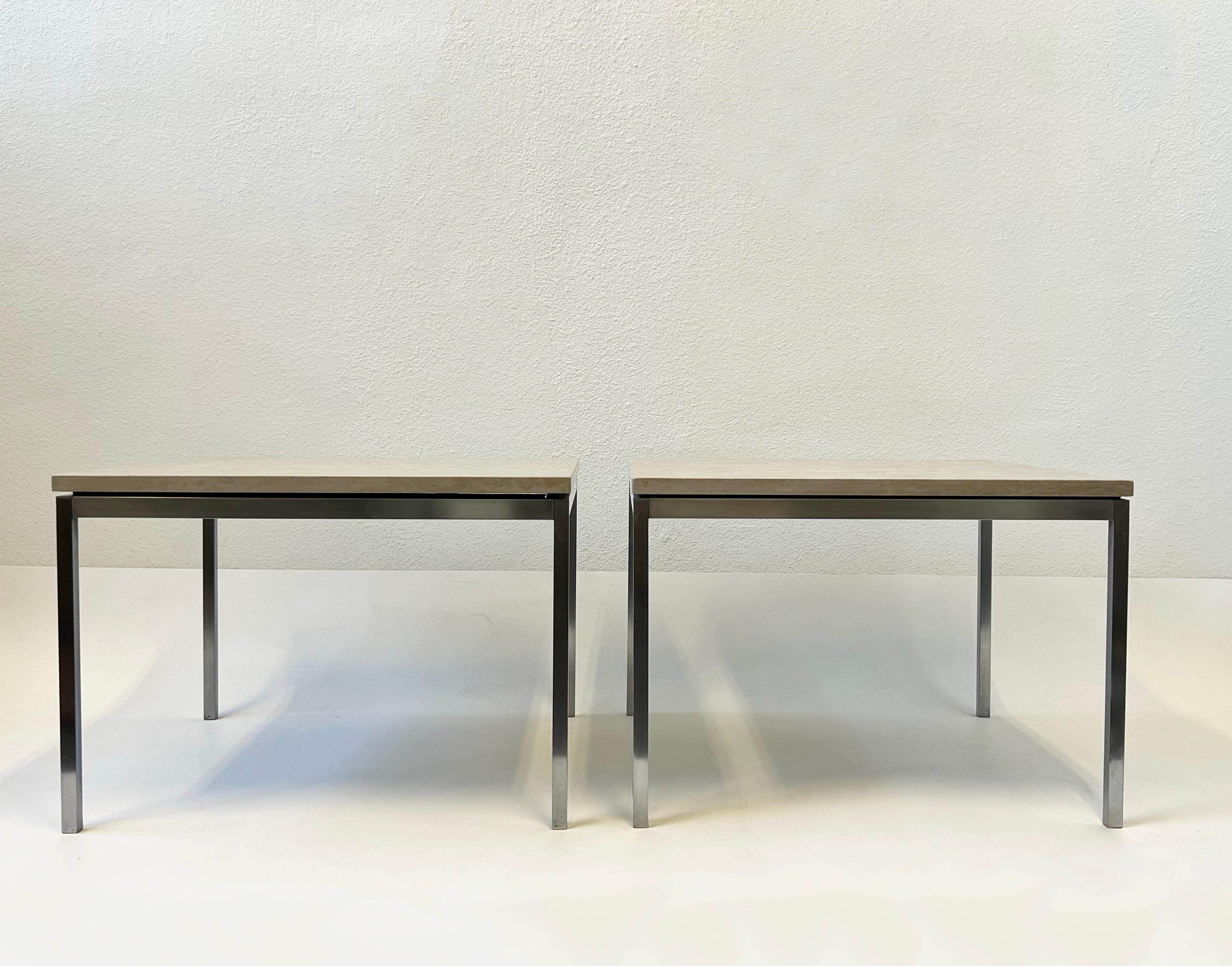 Mid-Century Modern Pair of Brush stainless Steel and Granite Side Tables by Florence Knoll For Sale