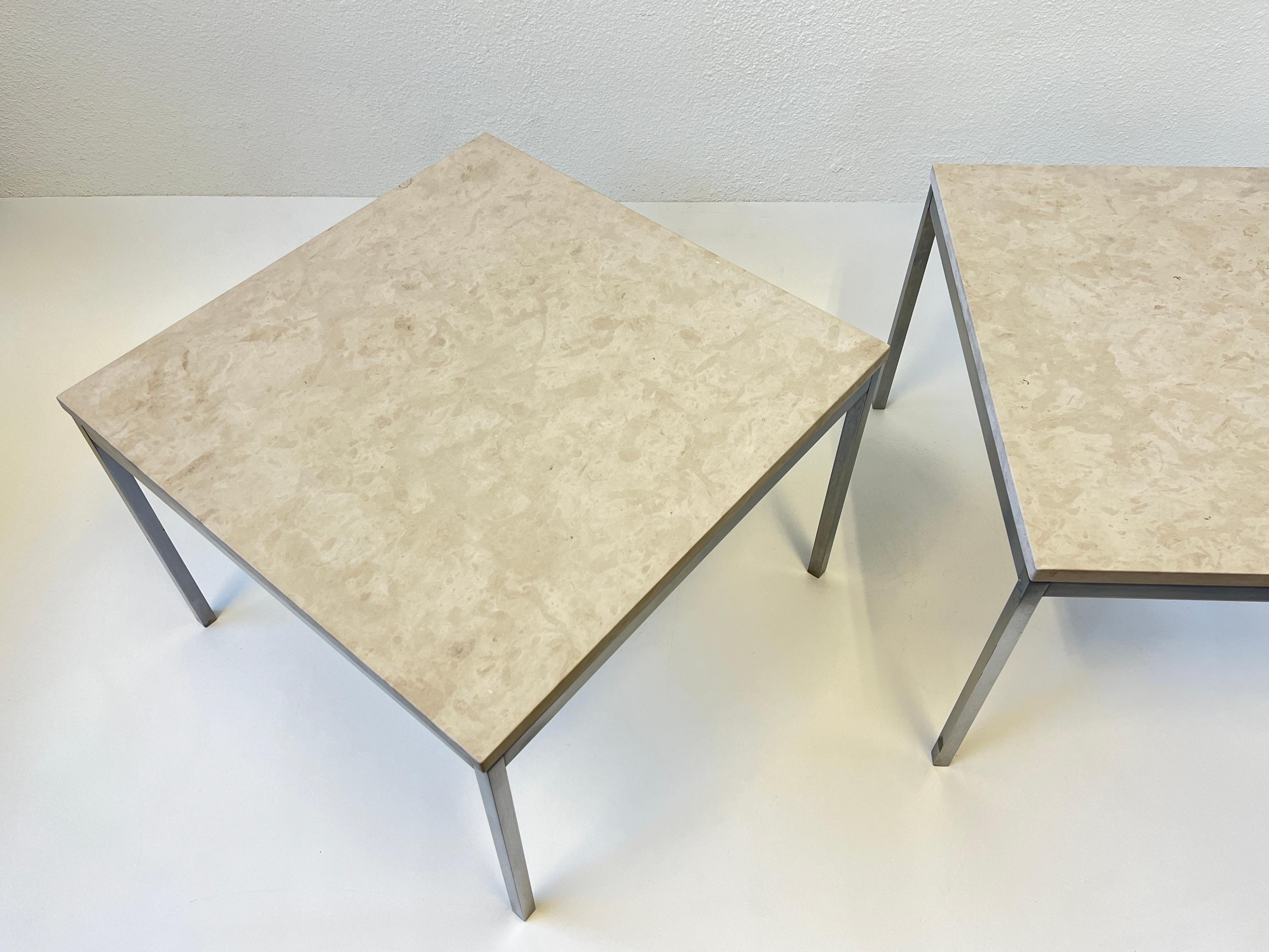 American Pair of Brush stainless Steel and Granite Side Tables by Florence Knoll For Sale