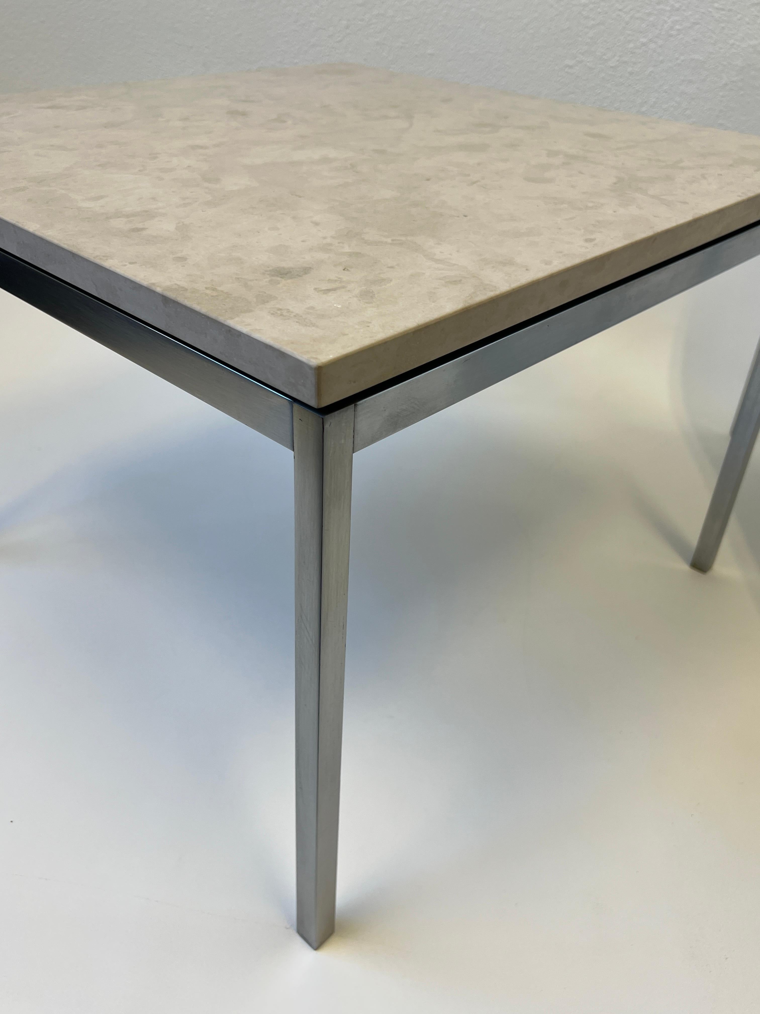 Brushed Pair of Brush stainless Steel and Granite Side Tables by Florence Knoll For Sale