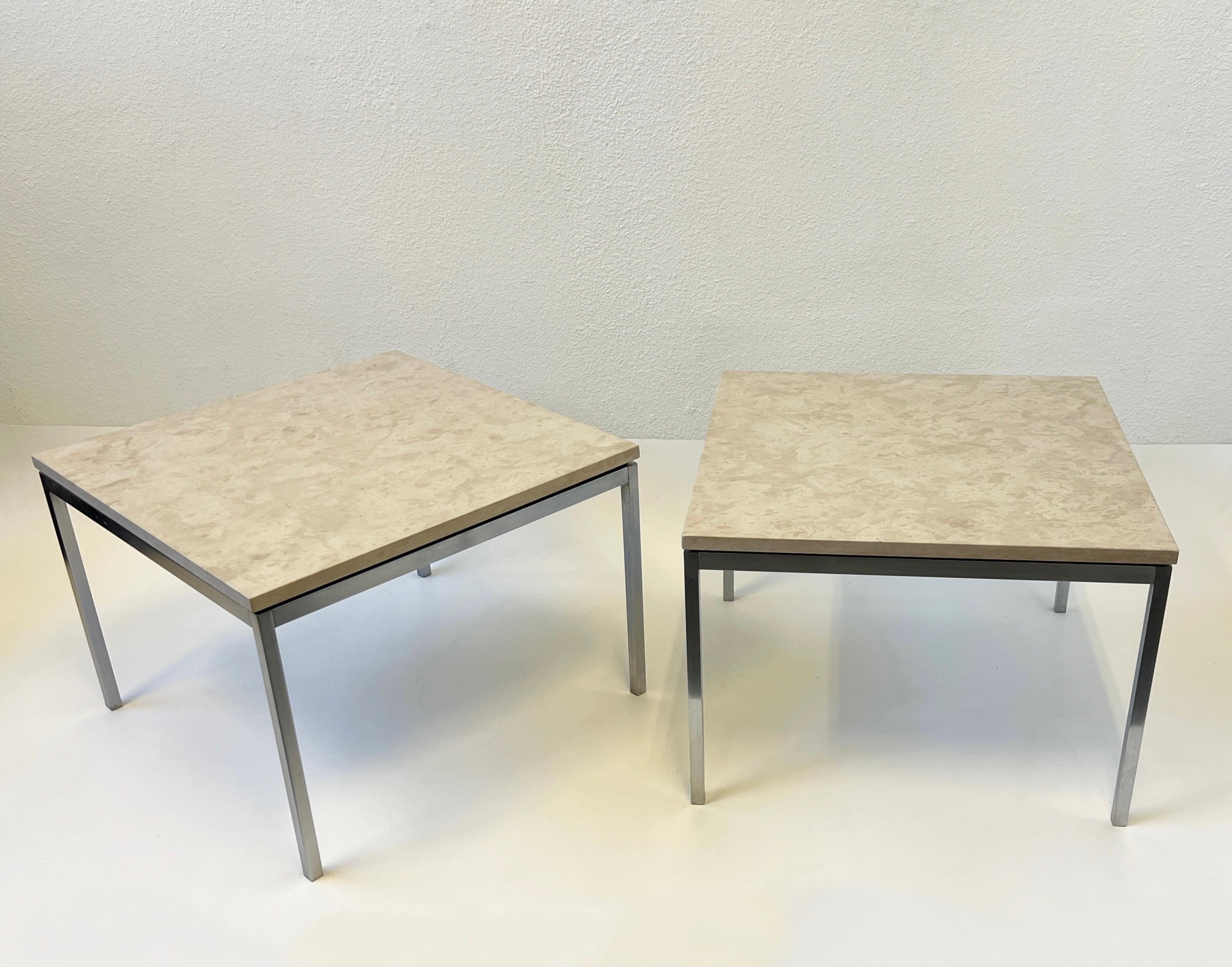 Pair of Brush stainless Steel and Granite Side Tables by Florence Knoll In Good Condition For Sale In Palm Springs, CA