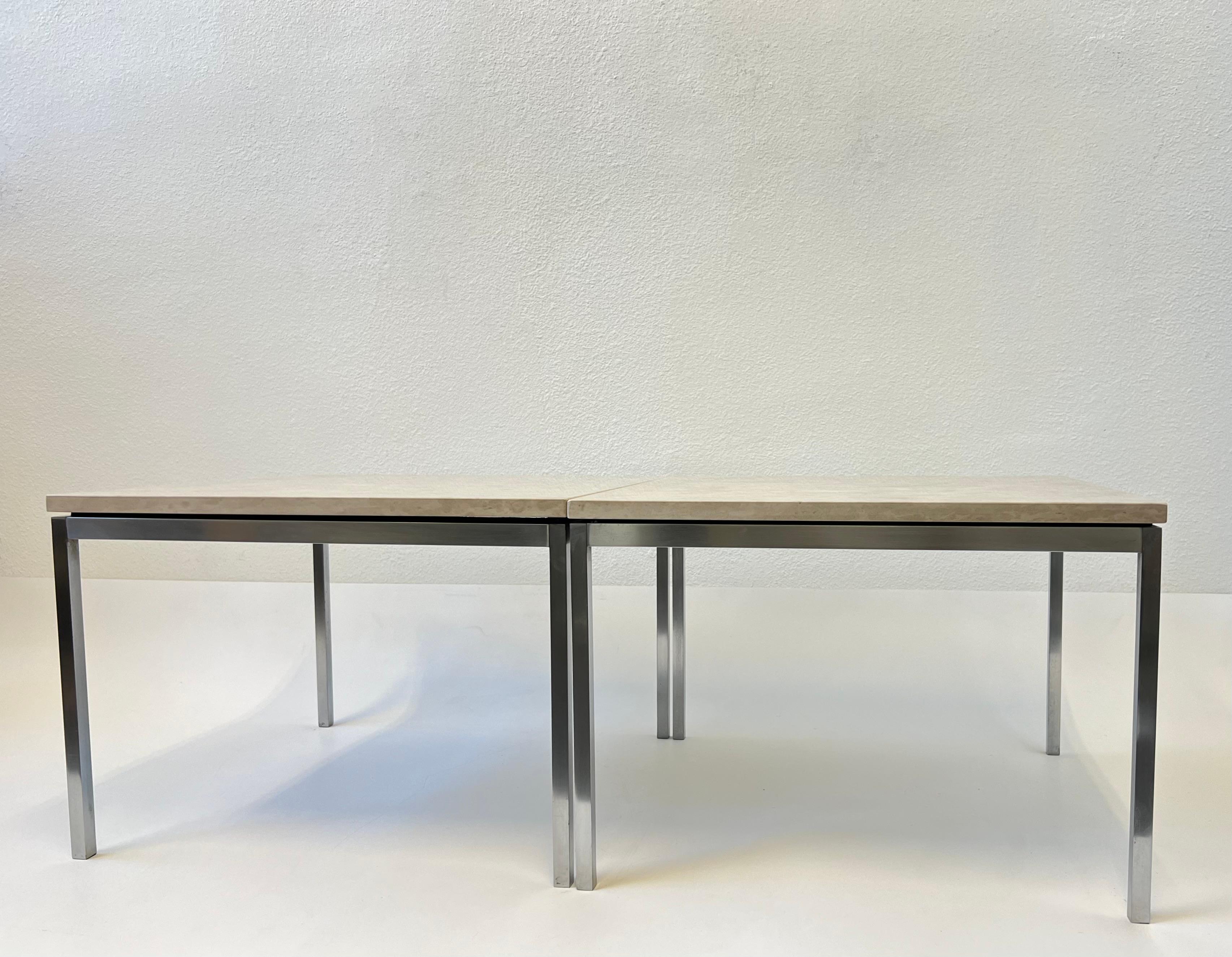 Pair of Brush stainless Steel and Granite Side Tables by Florence Knoll For Sale 1