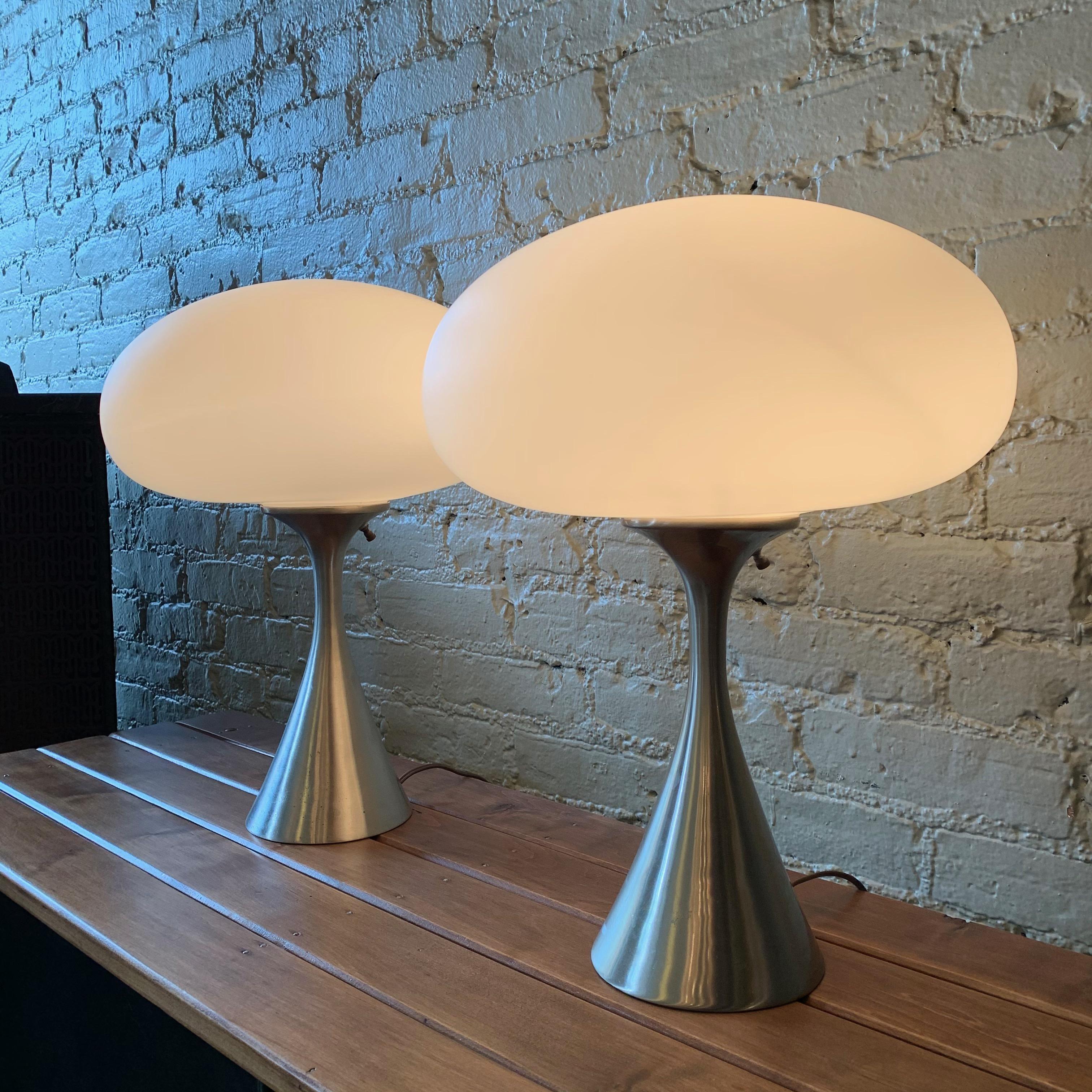 Frosted Pair of Brushed Aluminum Mushroom Table Lamps by Bill Curry for Laurel