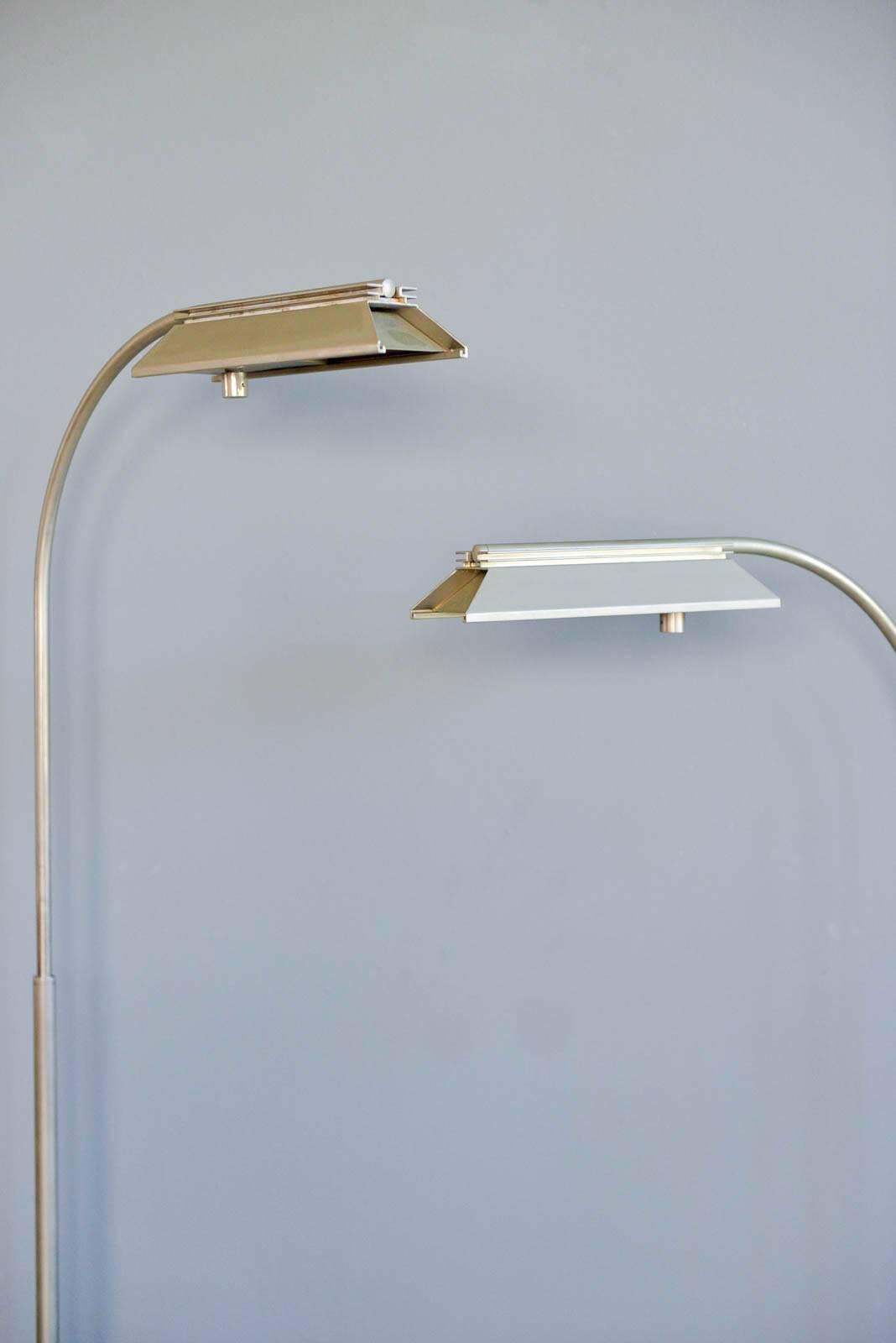Mid-Century Modern Pair of Brushed Nickel Adjustable Dimmable Floor Lamps by Casella, circa 1970