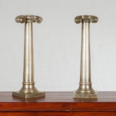 Pair of Brushed Silver over Bronze Column Candlesticks with Large Ionic Capitals