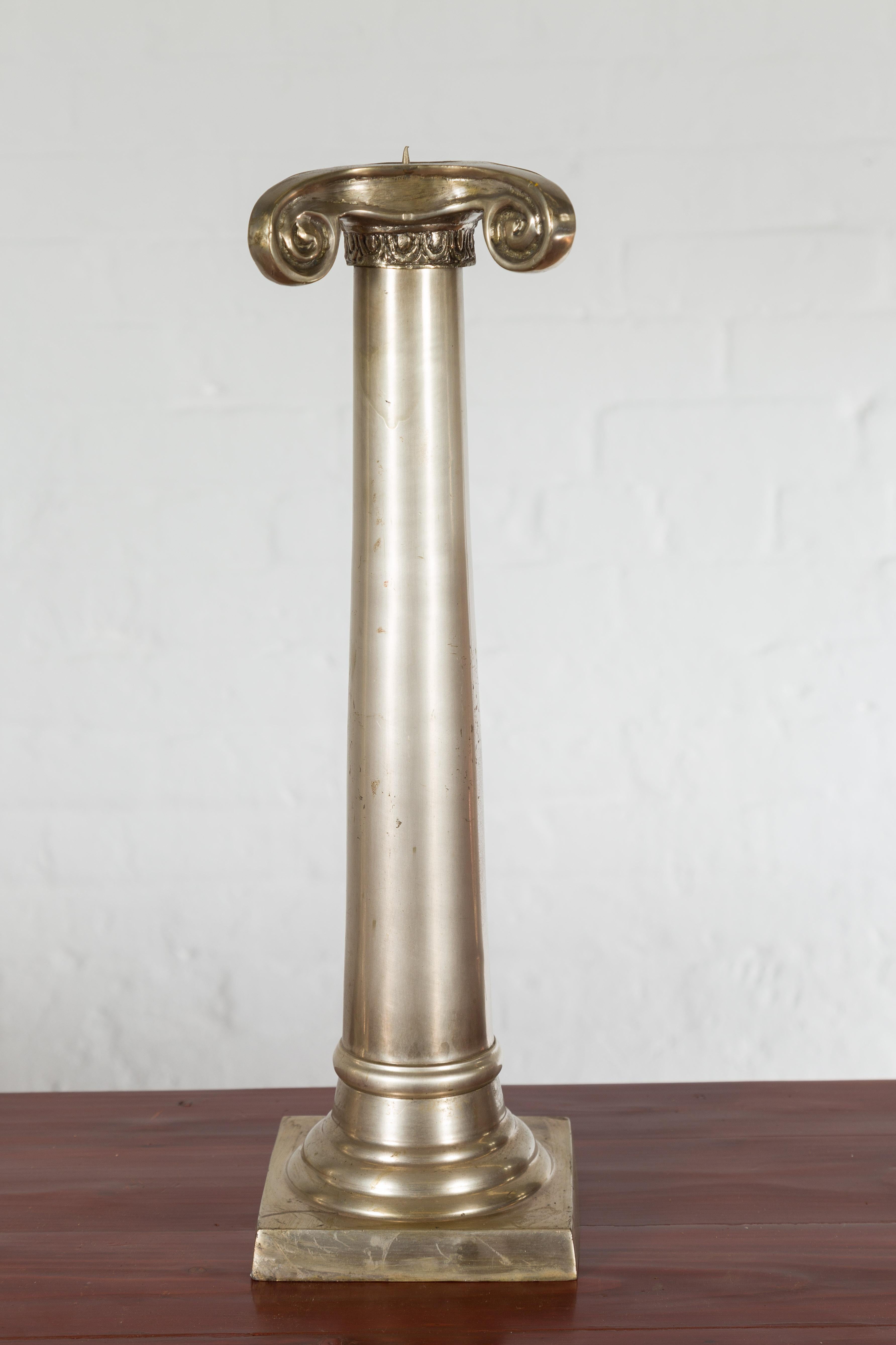 Pair of Brushed Silver over Bronze Column Candlesticks with Large Ionic Capitals For Sale 1