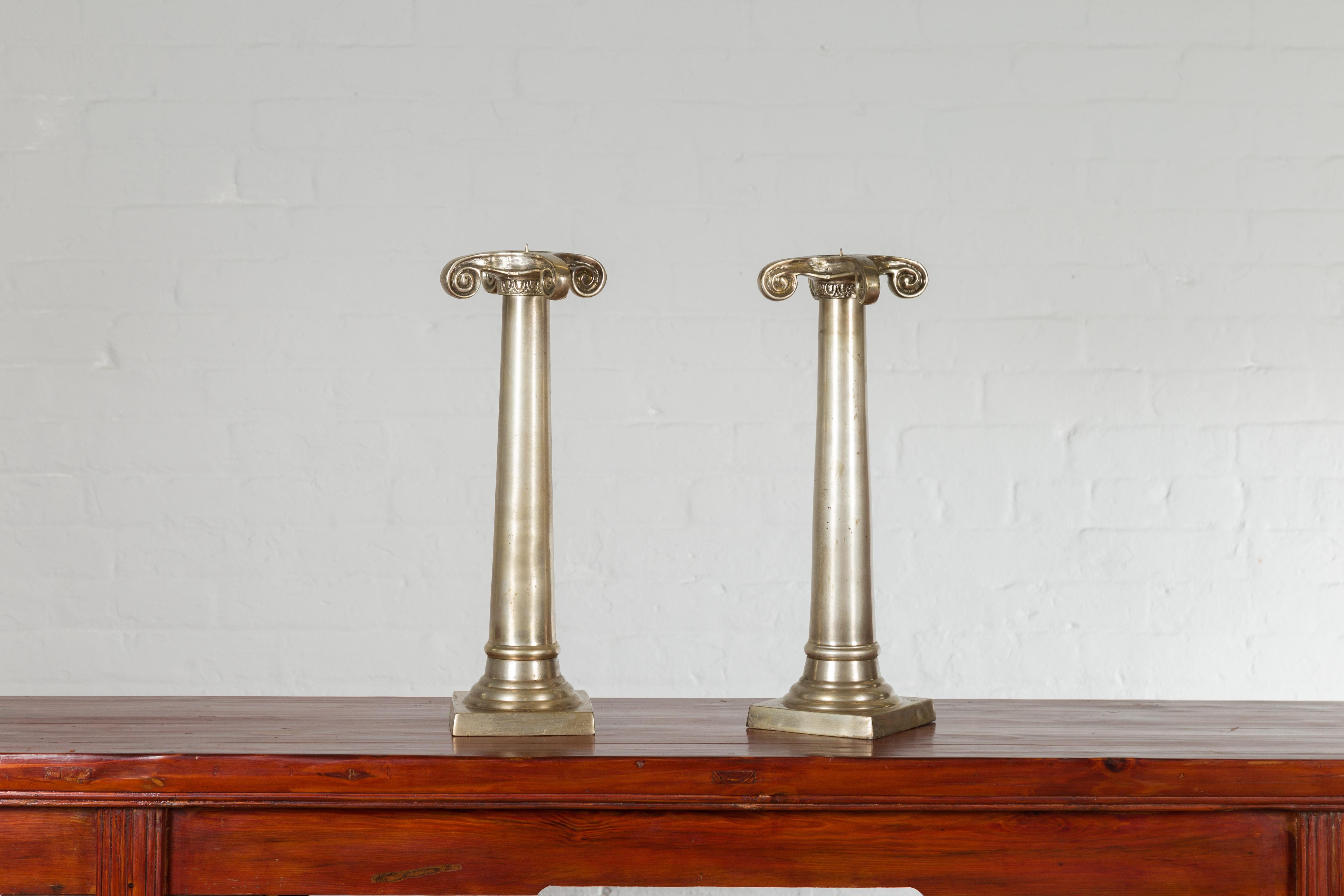 Pair of Brushed Silver over Bronze Column Candlesticks with Large Ionic Capitals For Sale 2