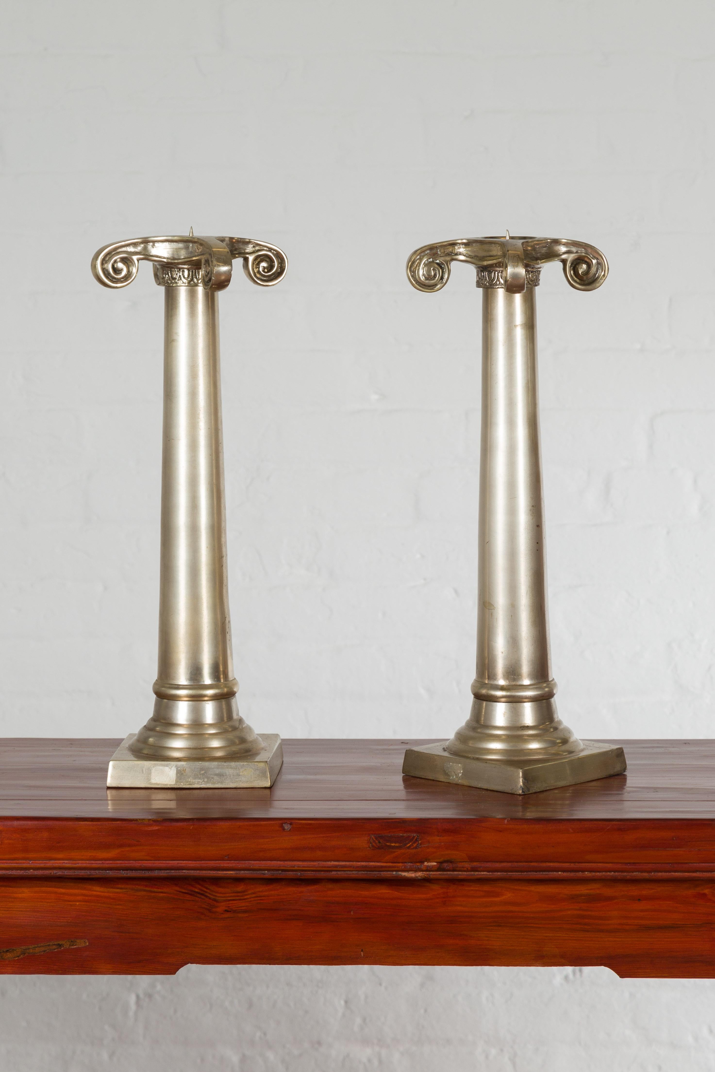Pair of Brushed Silver over Bronze Column Candlesticks with Large Ionic Capitals For Sale 3