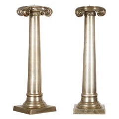 Vintage Pair of Brushed Silver over Bronze Column Candlesticks with Large Ionic Capitals