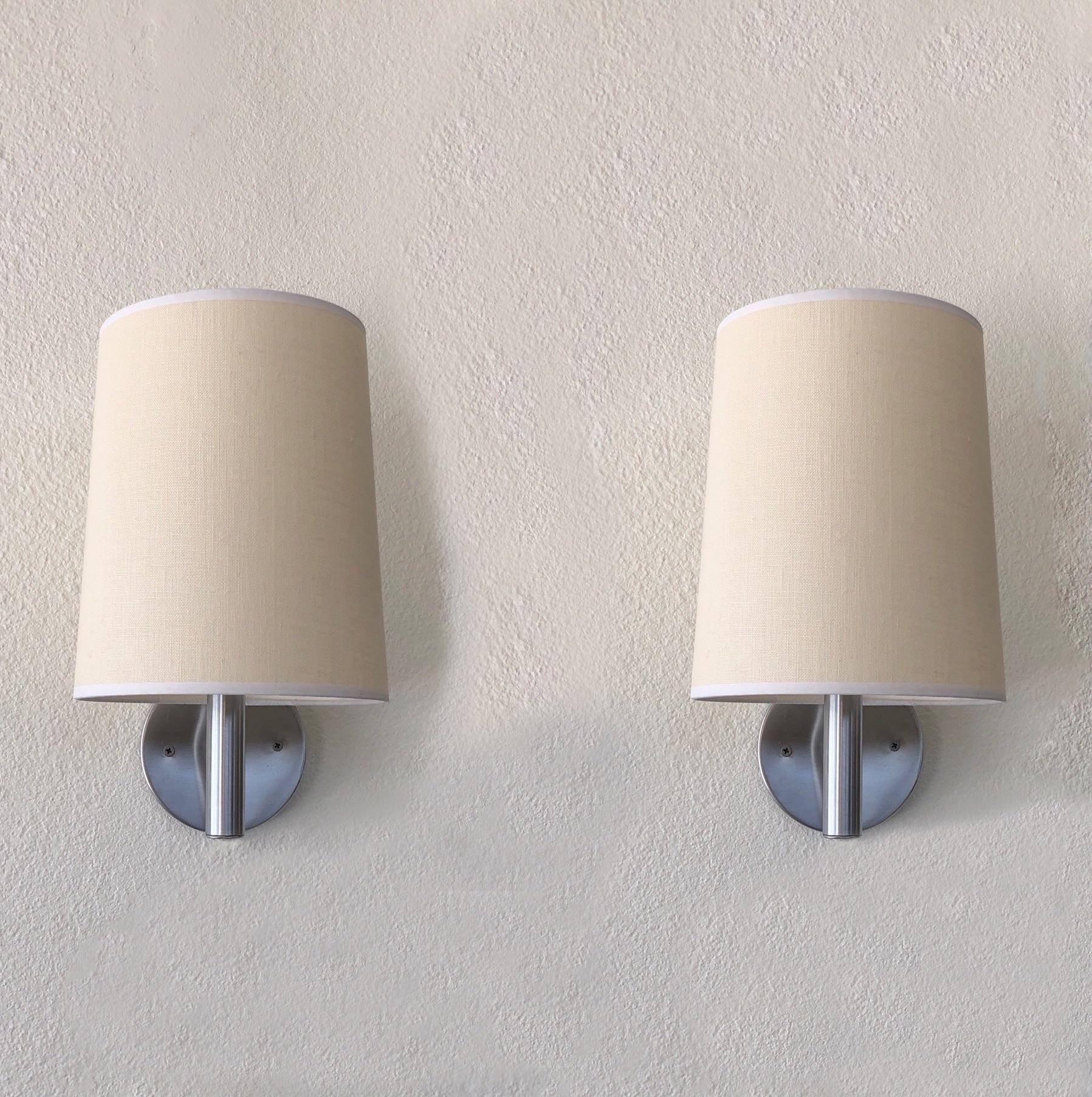 Mid-Century Modern Pair of Brushed Stainless Steel Wall Scones by Walter Von Nessen For Sale