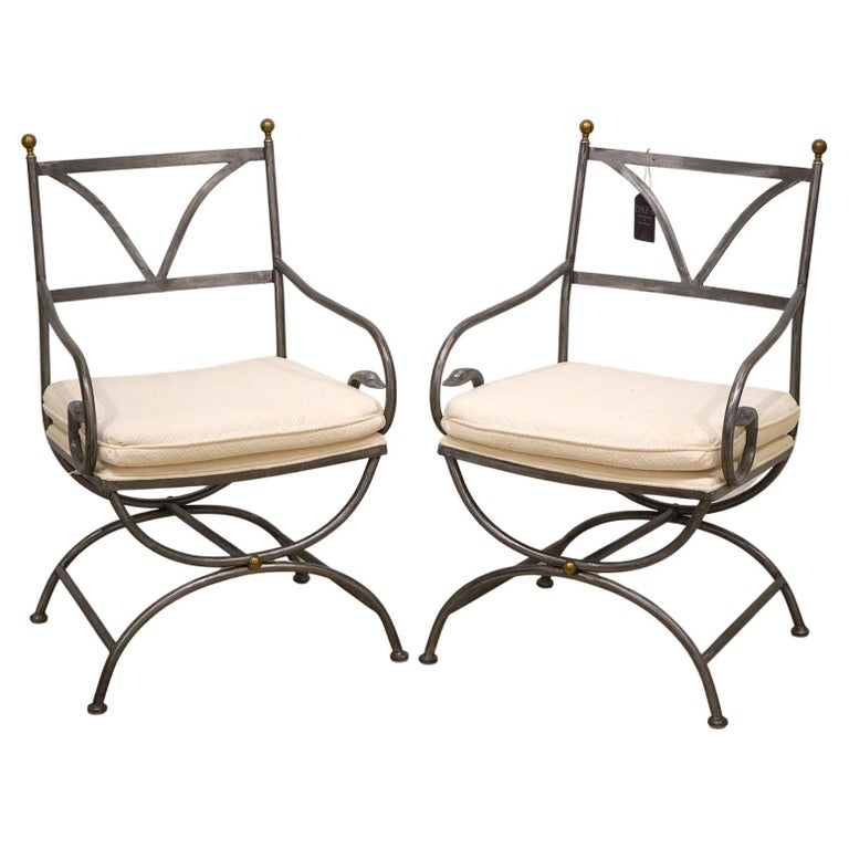 Pair of Brushed Steel and Brass Arm Chairs with Swan Design For Sale at