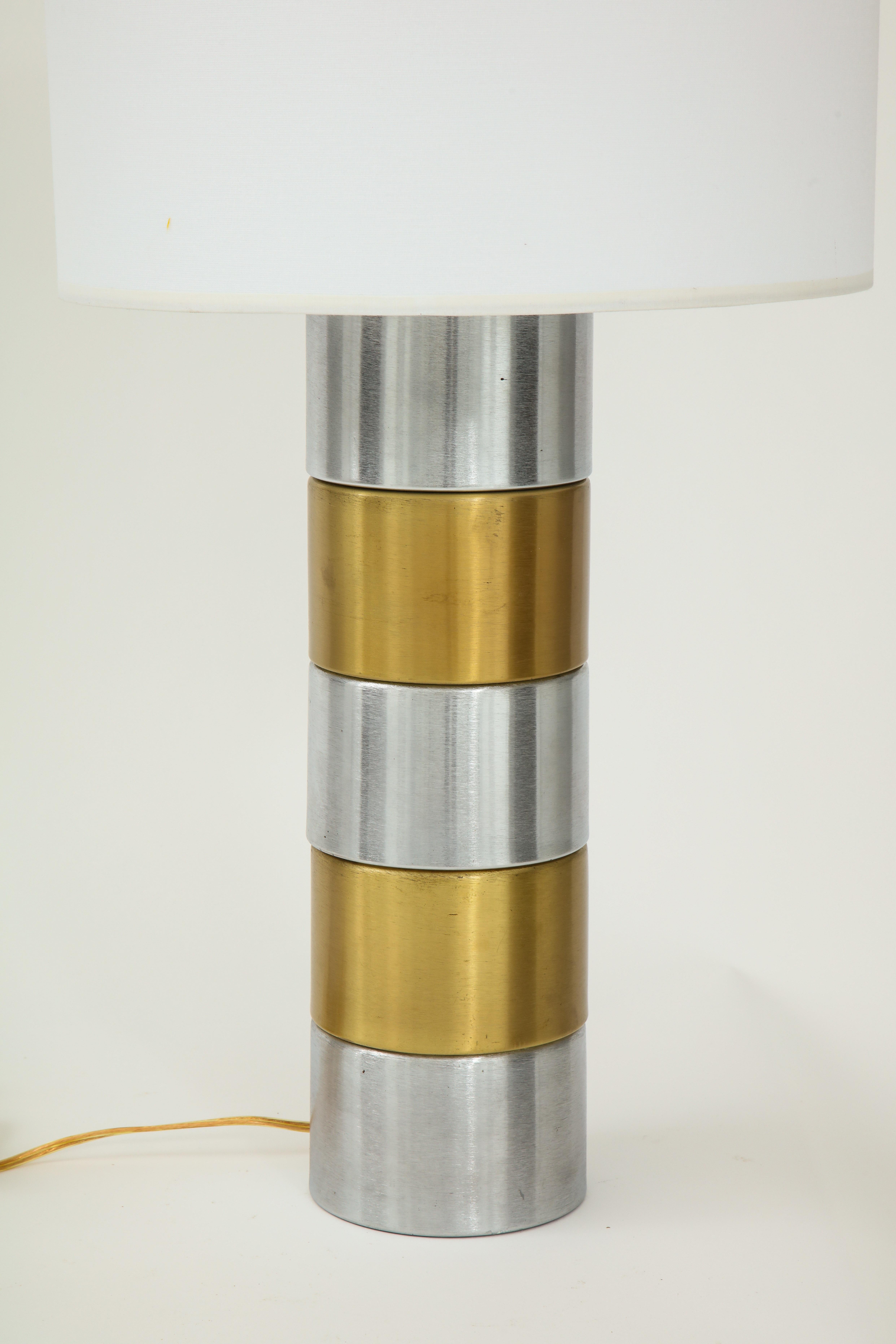 American Pair of Brushed Steel and Brass Lamps