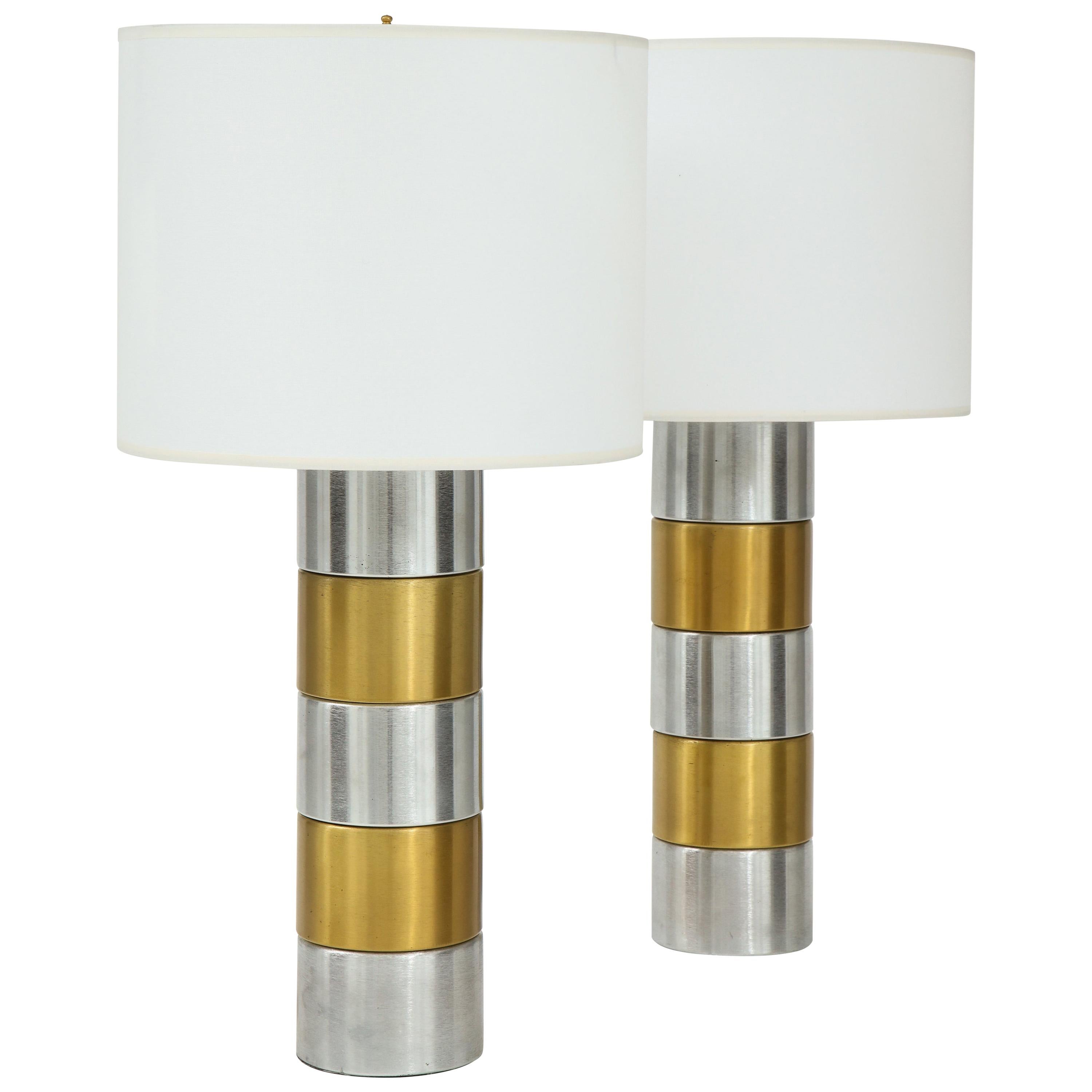 Pair of Brushed Steel and Brass Lamps