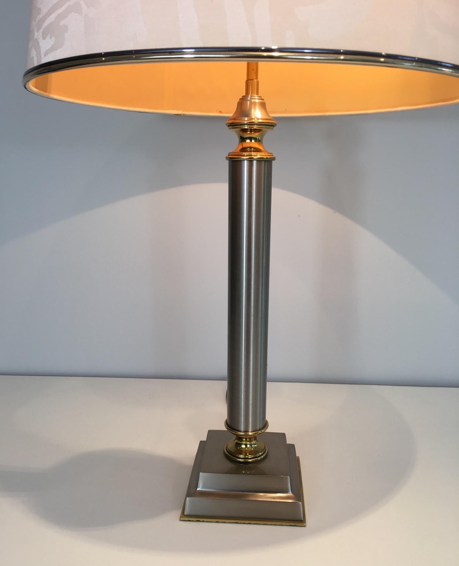 Pair of Brushed Steel and Brass Lamps with Reclining Shades by Guy Lefèvre 9