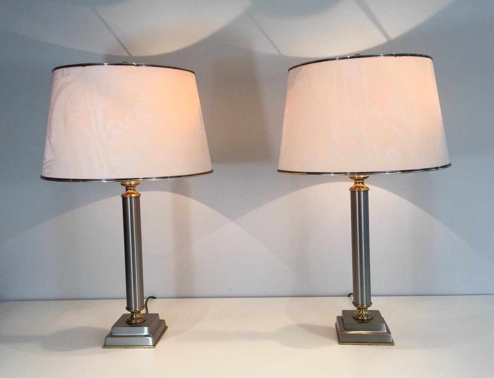 Pair of Brushed Steel and Brass Lamps with Reclining Shades by Guy Lefèvre 14