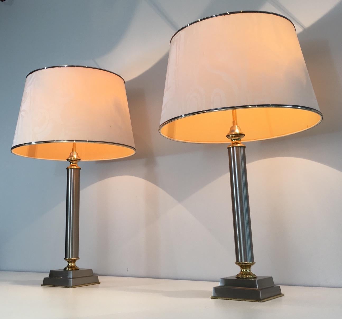 Mid-Century Modern Pair of Brushed Steel and Brass Lamps with Reclining Shades by Guy Lefèvre