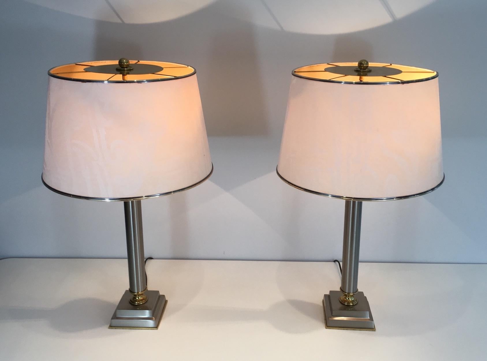 French Pair of Brushed Steel and Brass Lamps with Reclining Shades by Guy Lefèvre
