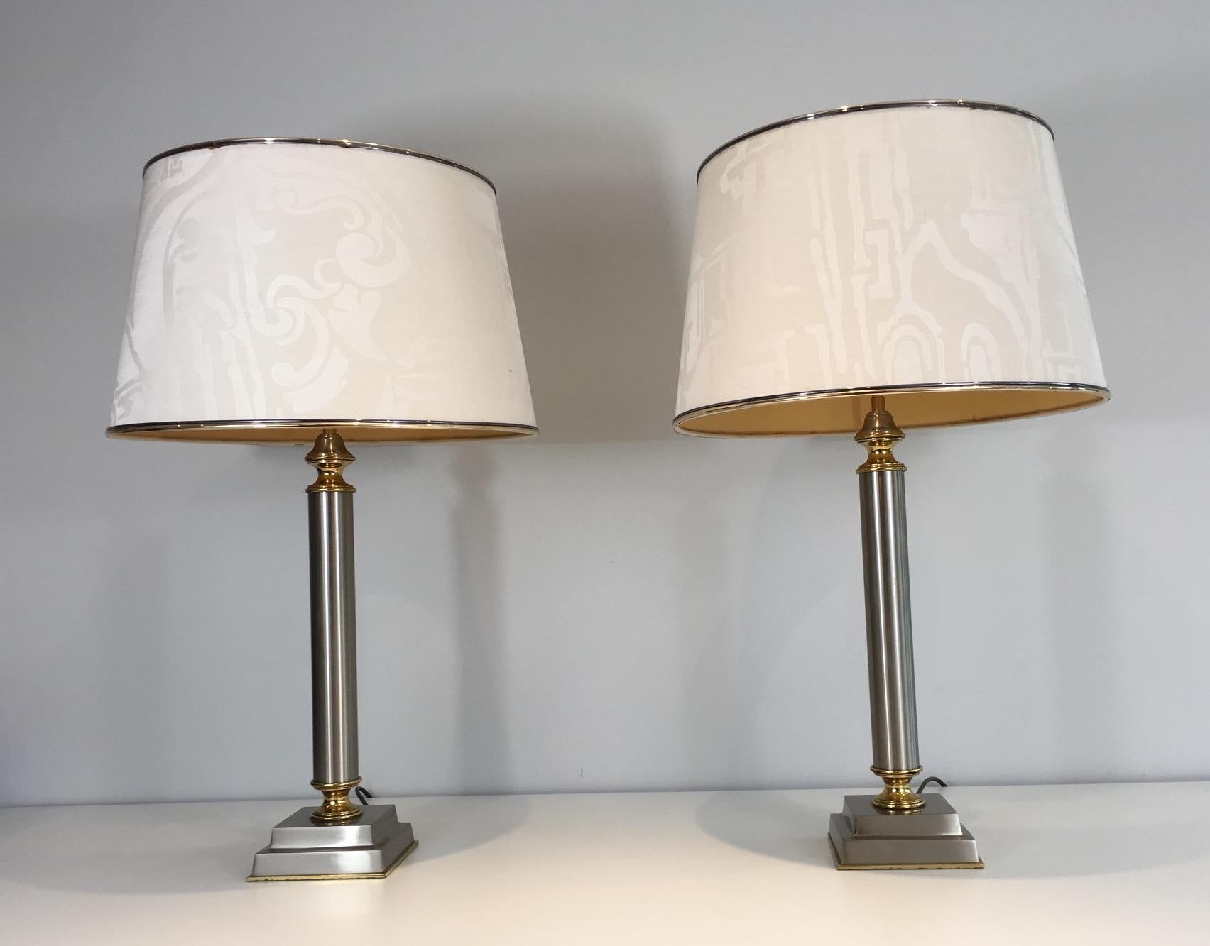 Late 20th Century Pair of Brushed Steel and Brass Lamps with Reclining Shades by Guy Lefèvre