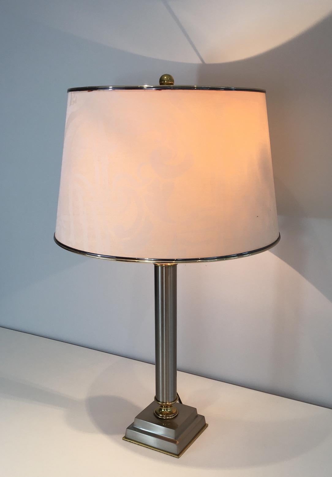 Pair of Brushed Steel and Brass Lamps with Reclining Shades by Guy Lefèvre 2