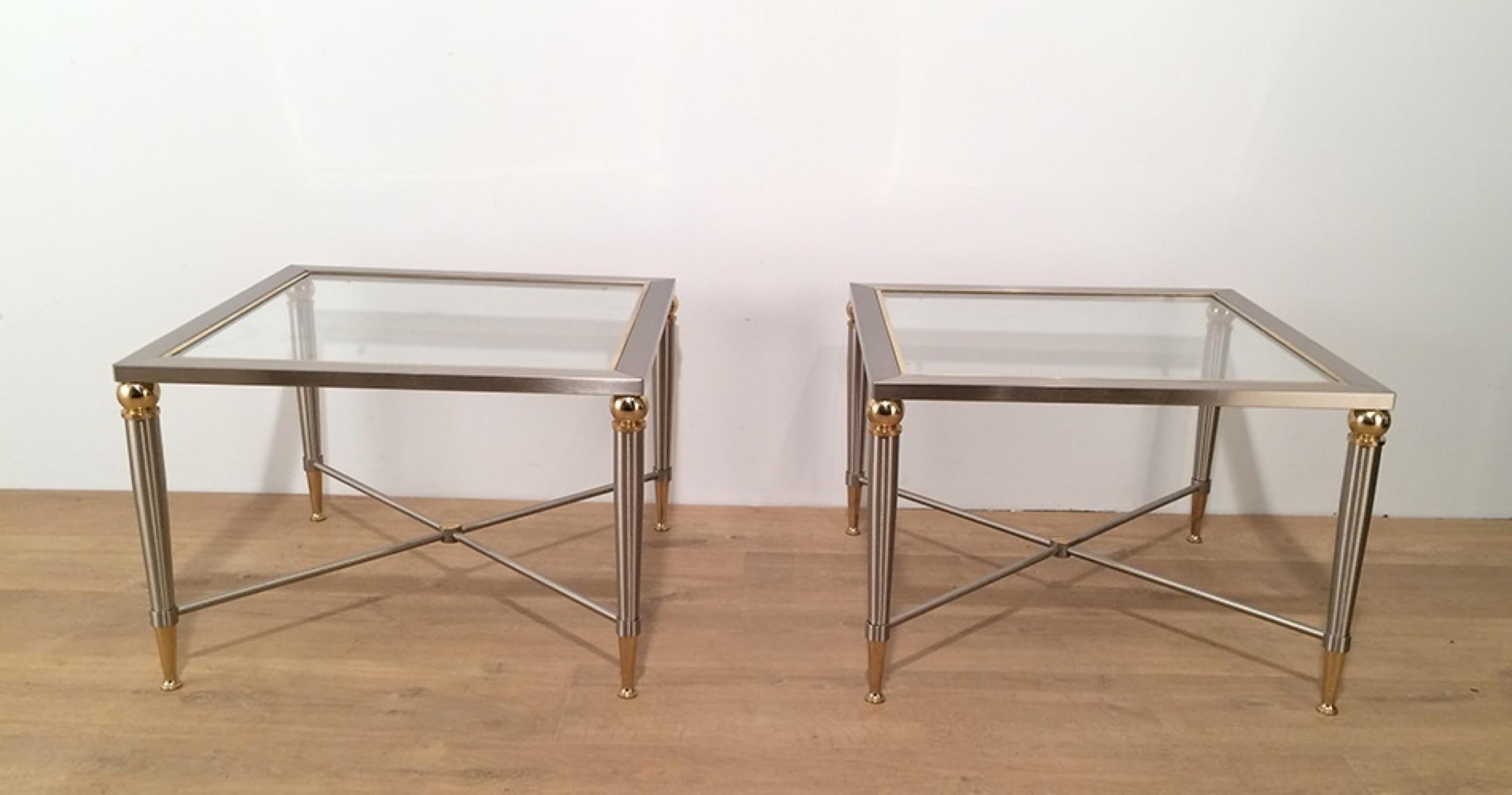 Pair of Brushed Steel and Brass Side Tables, circa 1970 7