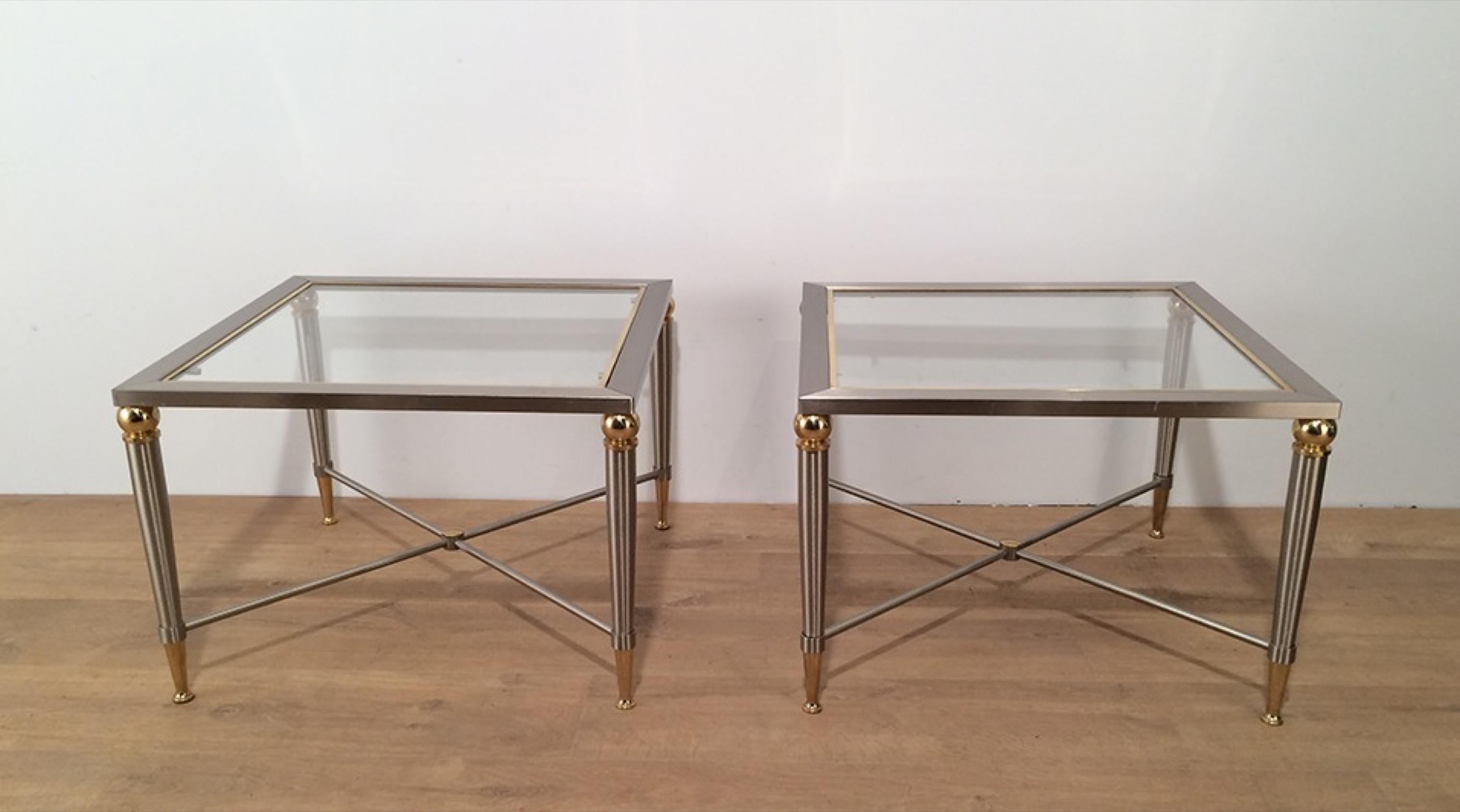 Mid-Century Modern Pair of Brushed Steel and Brass Side Tables, circa 1970