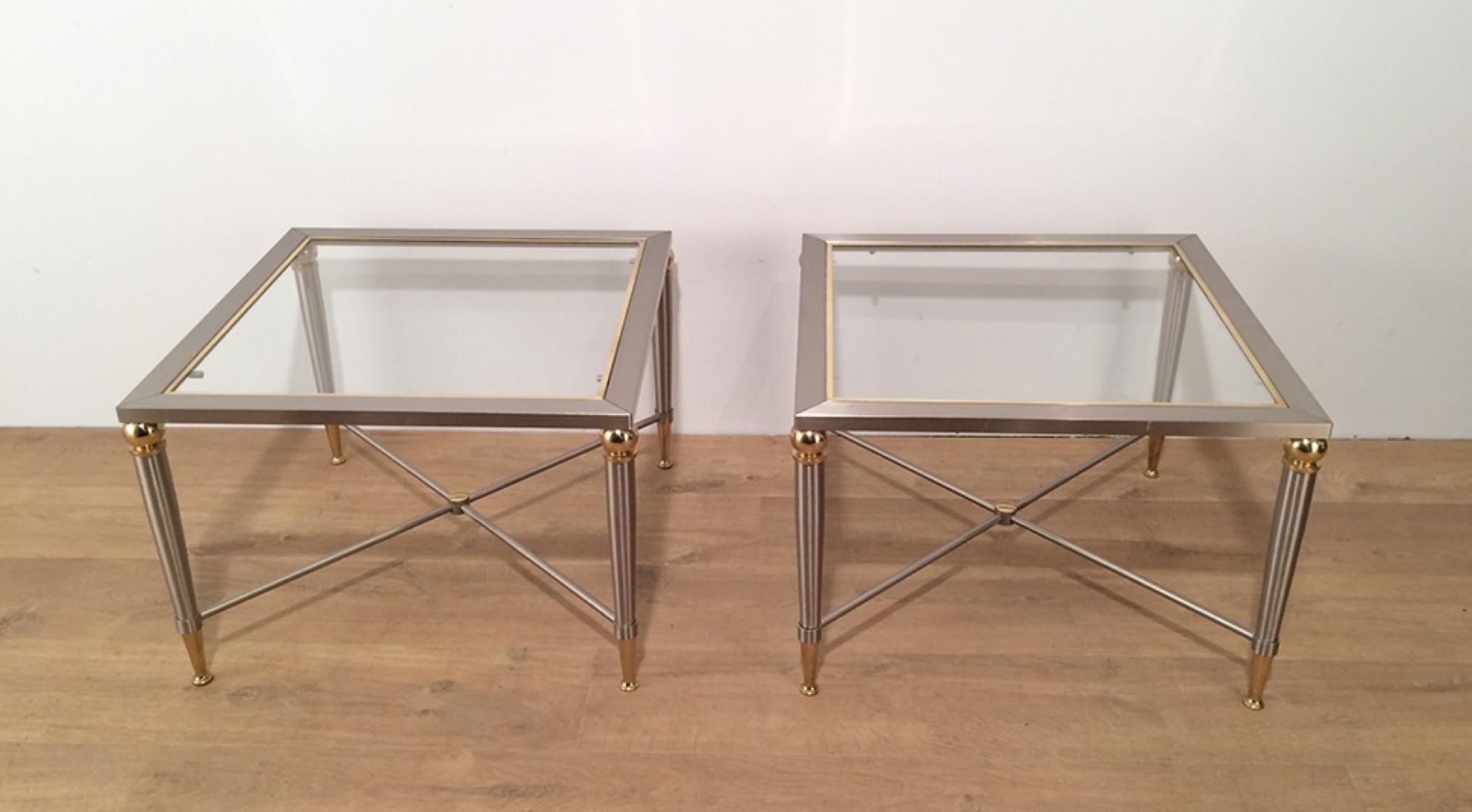 French Pair of Brushed Steel and Brass Side Tables, circa 1970