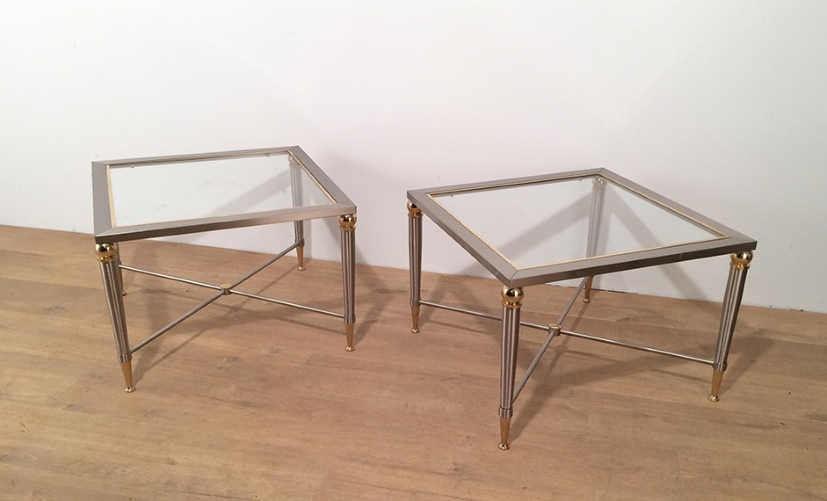 Pair of Brushed Steel and Brass Side Tables, circa 1970 In Good Condition In Marcq-en-Barœul, Hauts-de-France