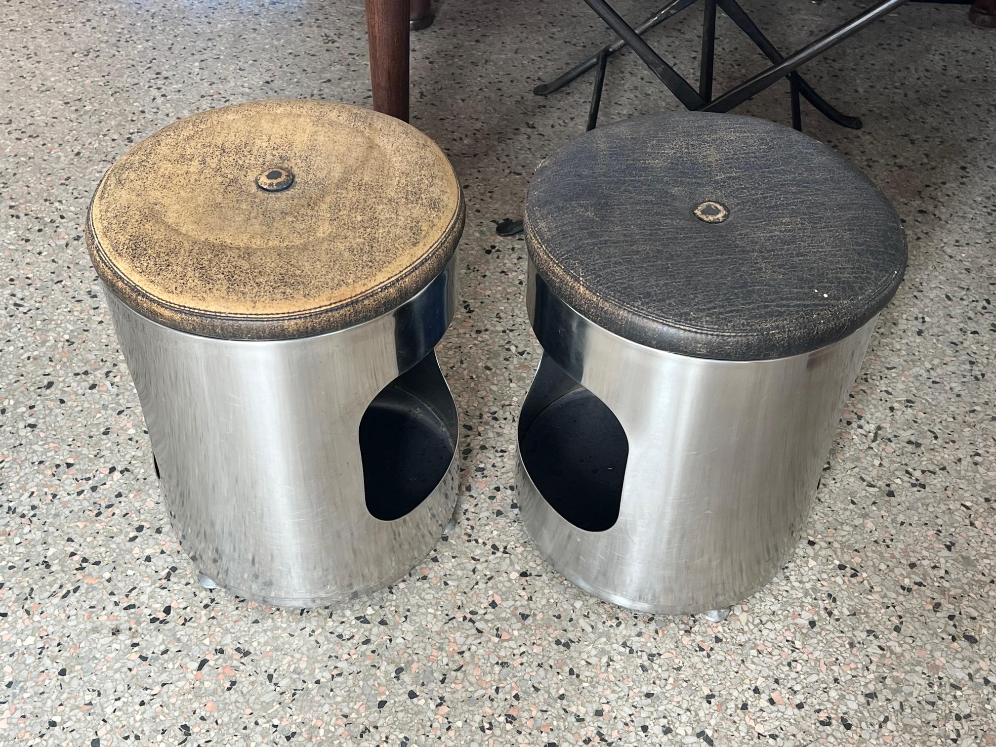 Pair of Italian Brushed Steel and Leather Upholstered Stools 1970's For Sale 1
